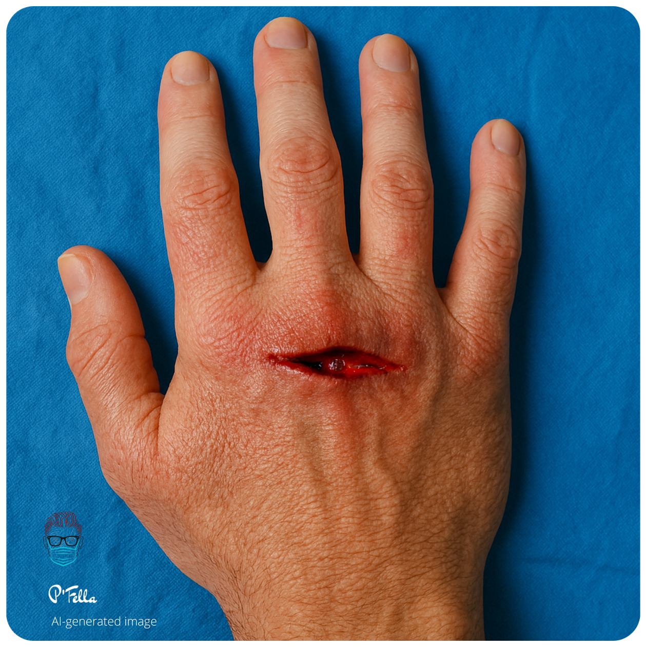 An AI-generated image of a zone VI extensor tendon injury.