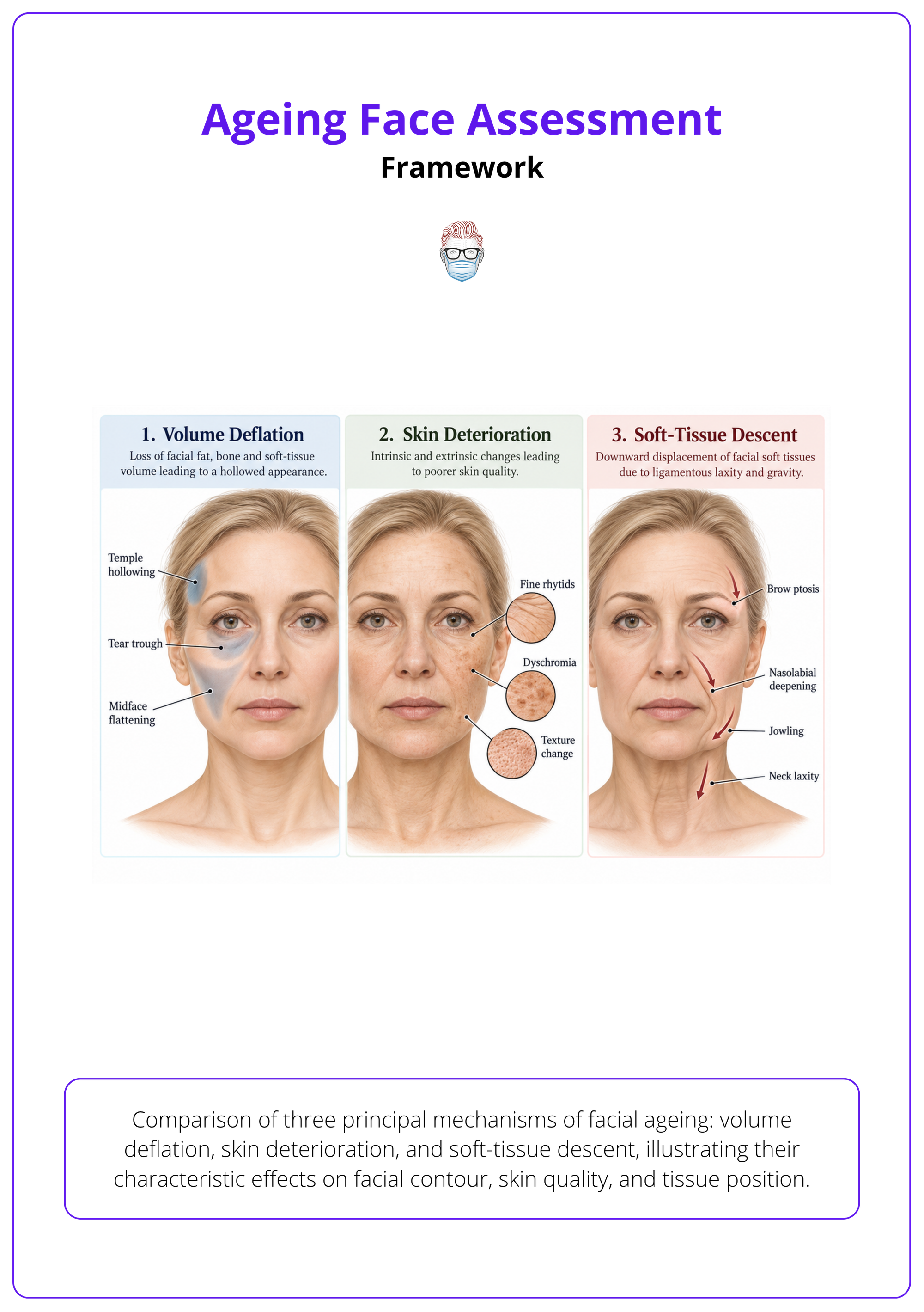 Comparison of three principal mechanisms of facial ageing: volume deflation, skin deterioration, and soft-tissue descent, illustrating their characteristic effects on facial contour, skin quality, and tissue position.