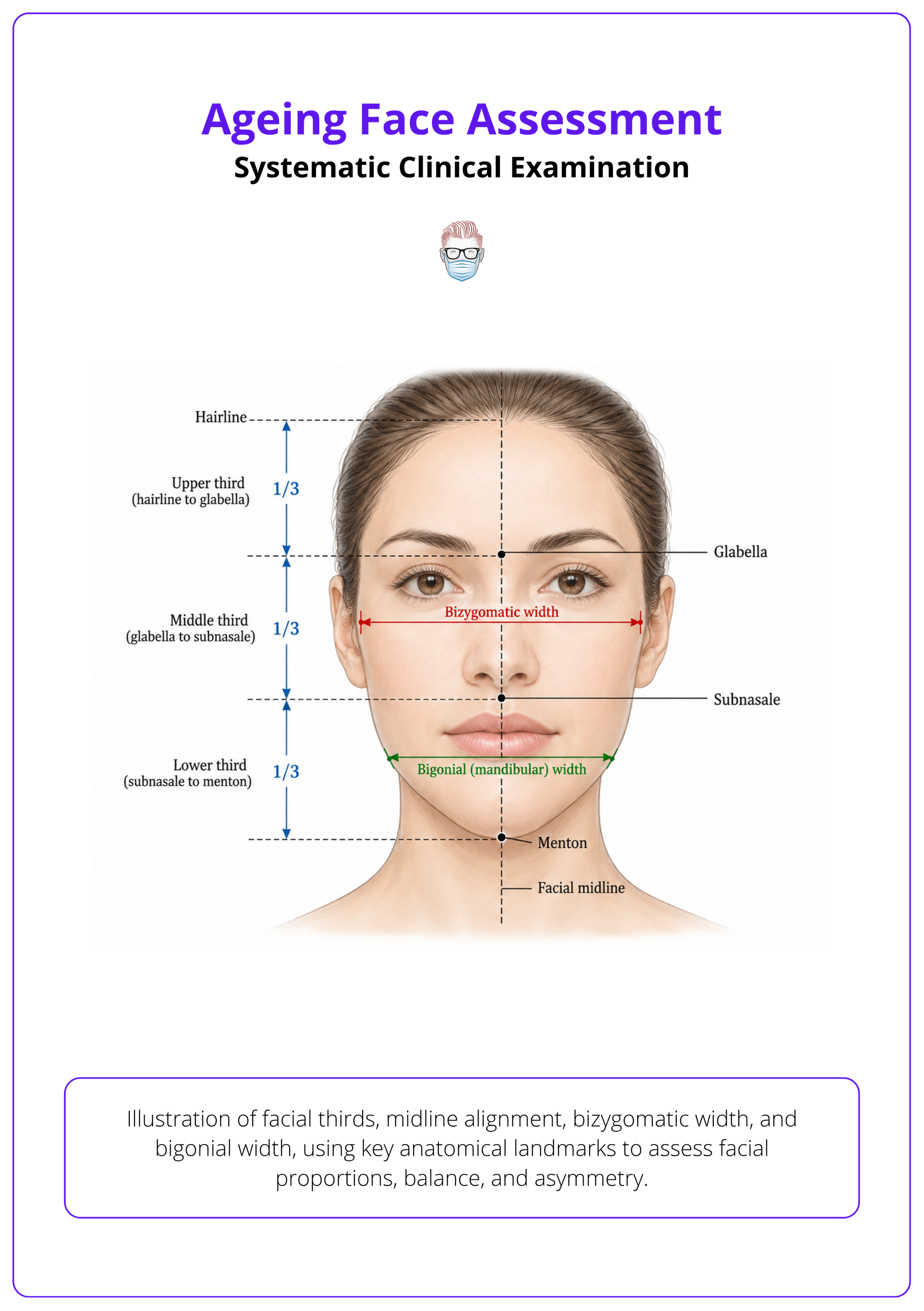 Illustration of facial thirds, midline alignment, bizygomatic width, and bigonial width, using key anatomical landmarks to assess facial proportions, balance, and asymmetry.