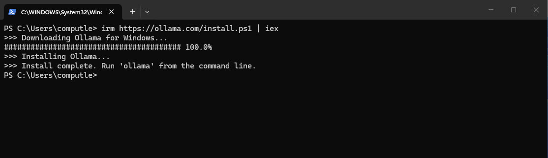 Ollama installed from PowerShell.
