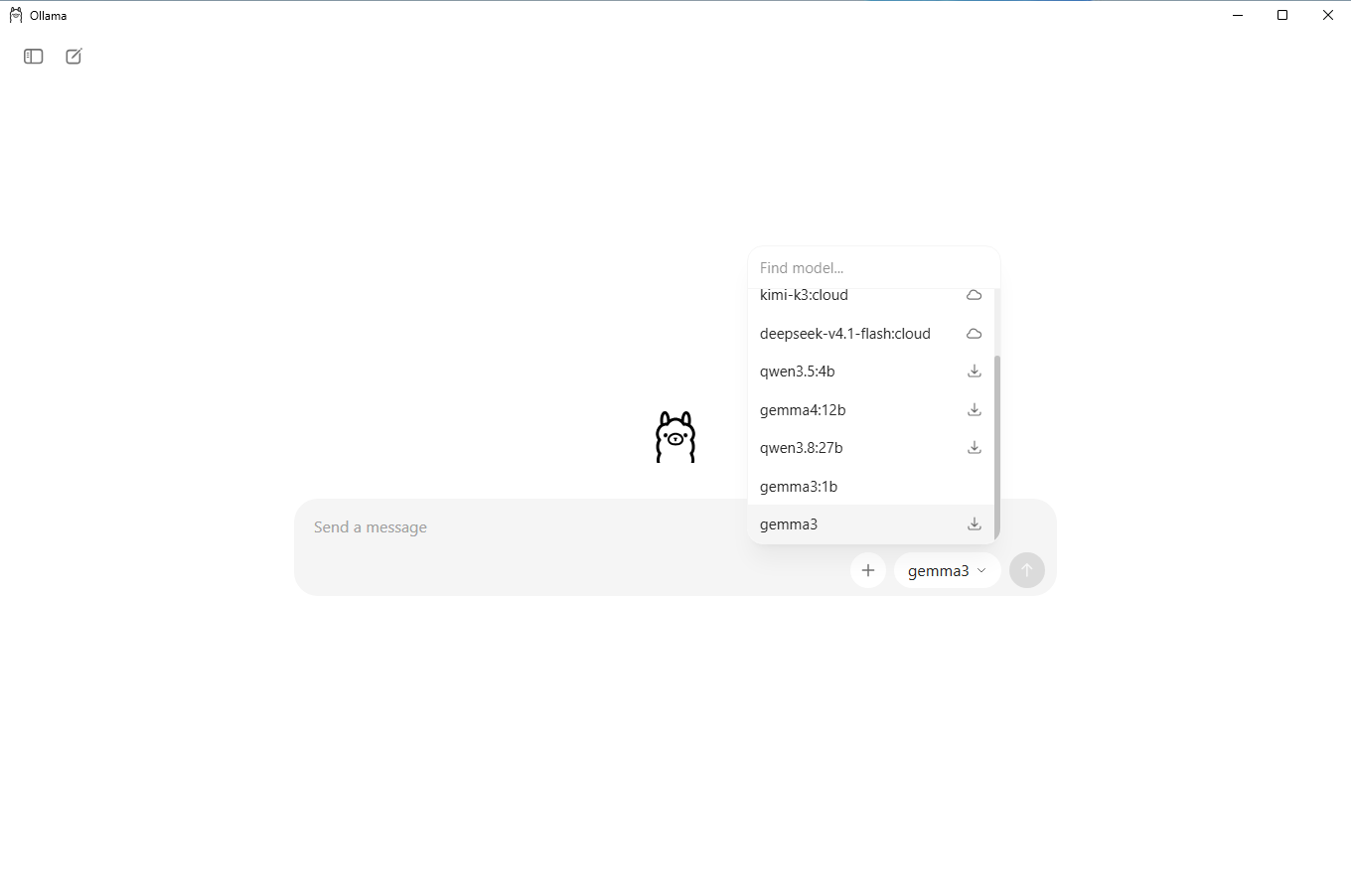 The model list. Cloud icon: runs on Ollama's servers. Download icon: runs on your workstation.