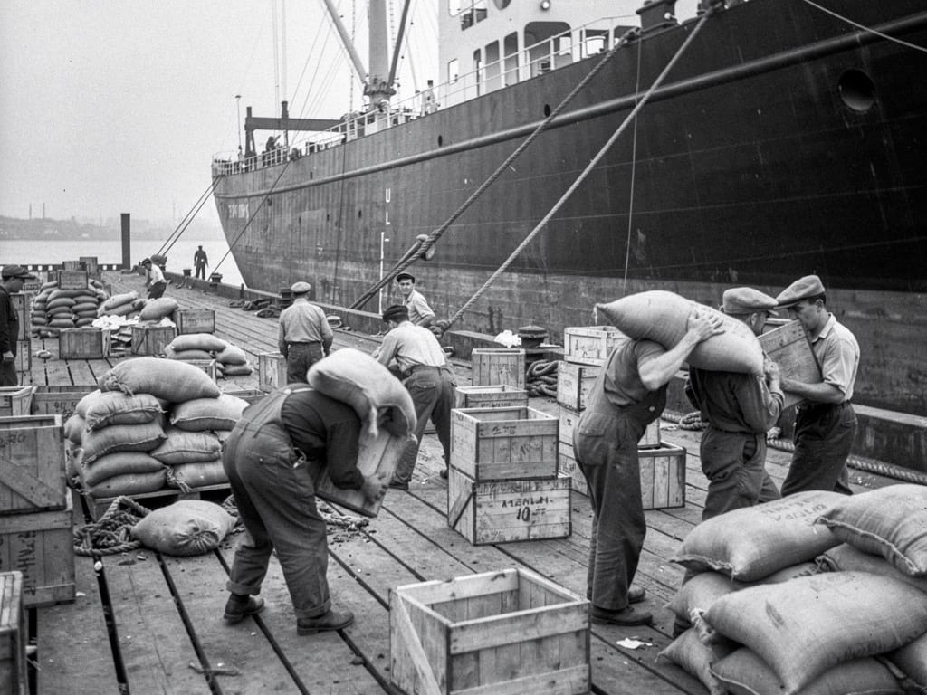 1950s dockworkers manually loading cargo onto a ship