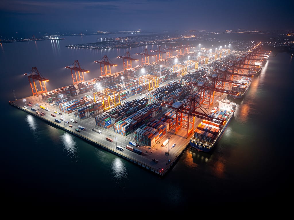 Modern container port with cranes moving shipping containers at dusk