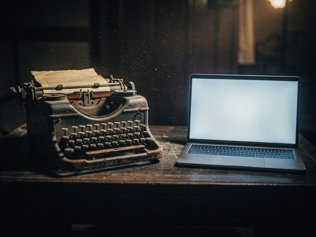 A typewriter and a laptop side-by-side representing old and new work methods