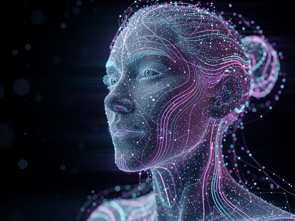 Abstract digital art of a face made from data points.