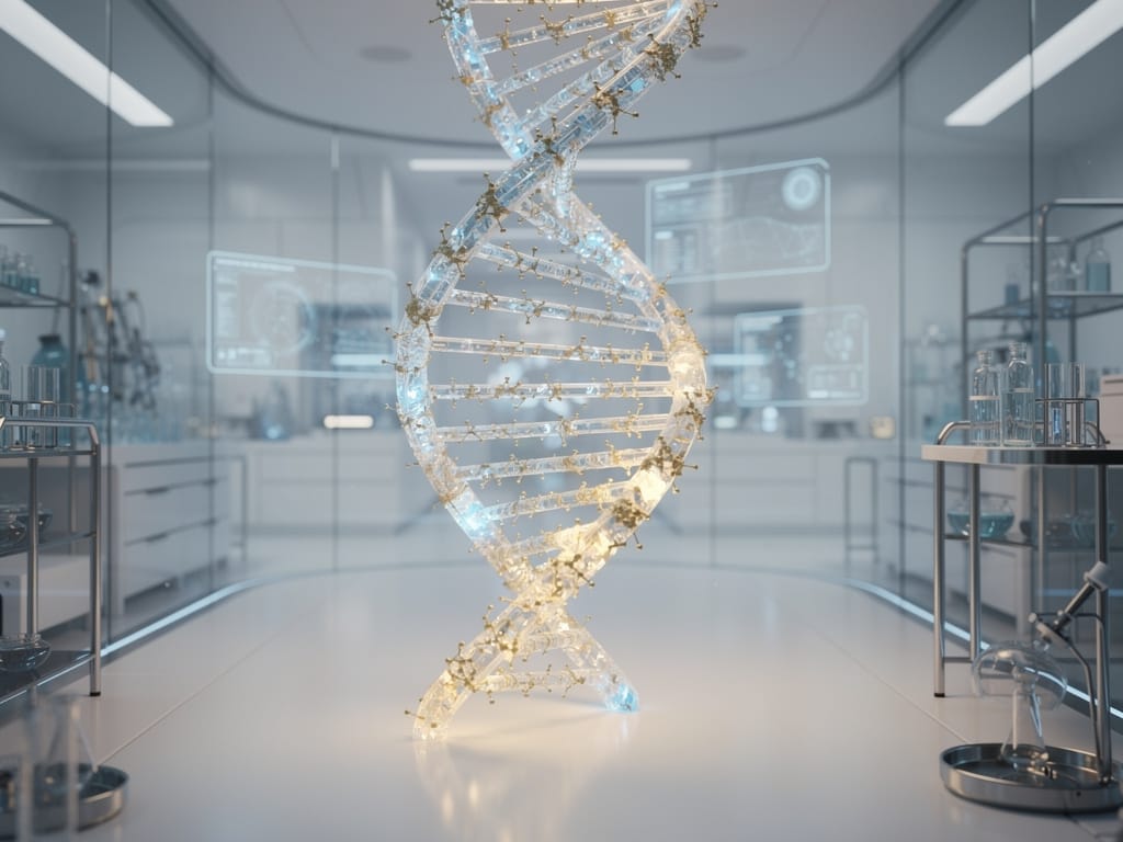 A futuristic 3D model of a DNA helix in a lab
