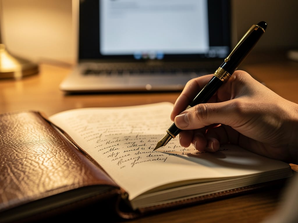 A person writing down their digital estate plan in a journal.