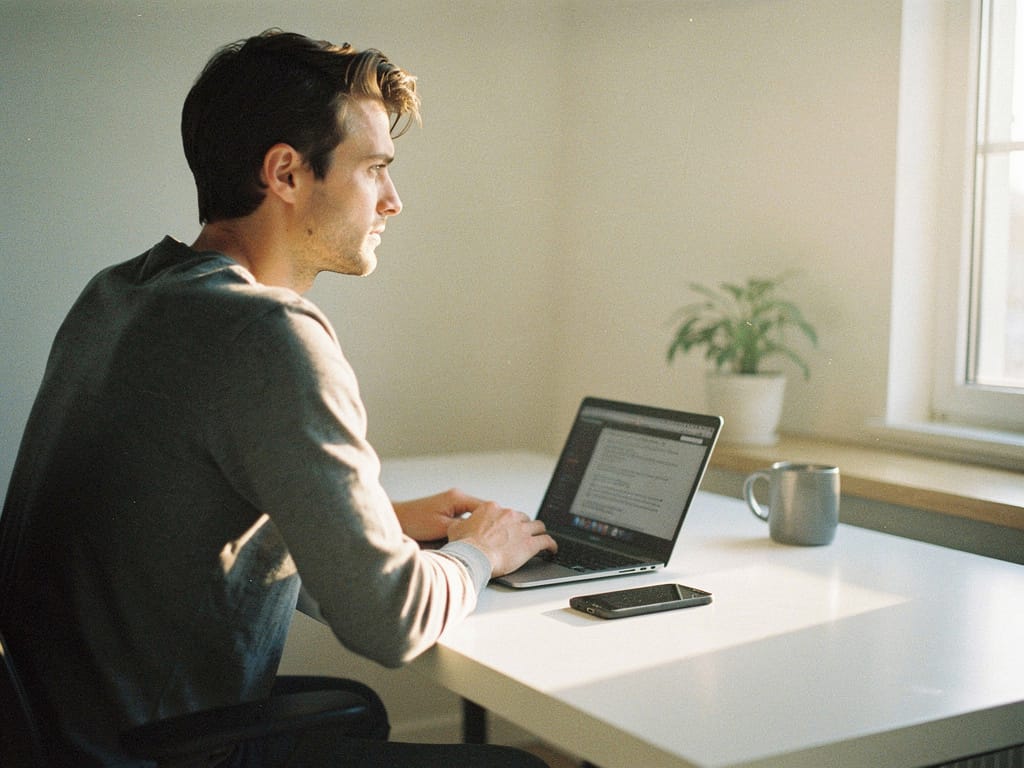 A person considering their digital life on a laptop and phone.