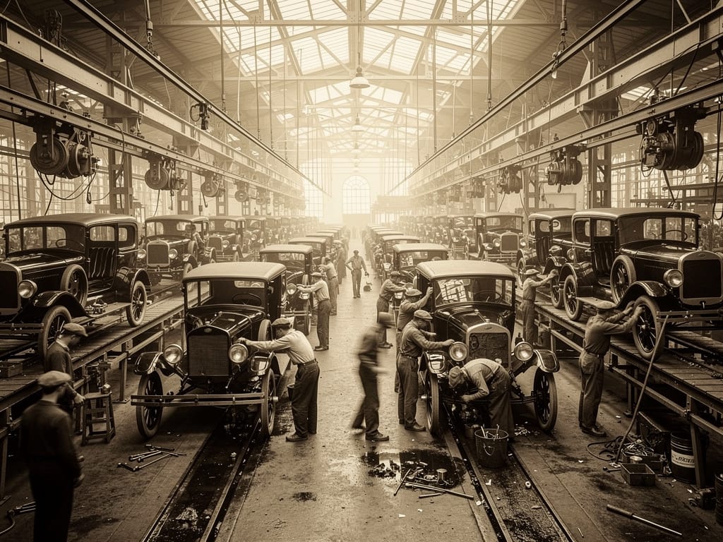 Black and white photo of the historic Ford Model T assembly line
