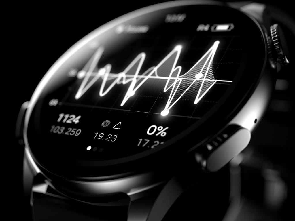 A smartwatch screen showing a detailed heart rate graph