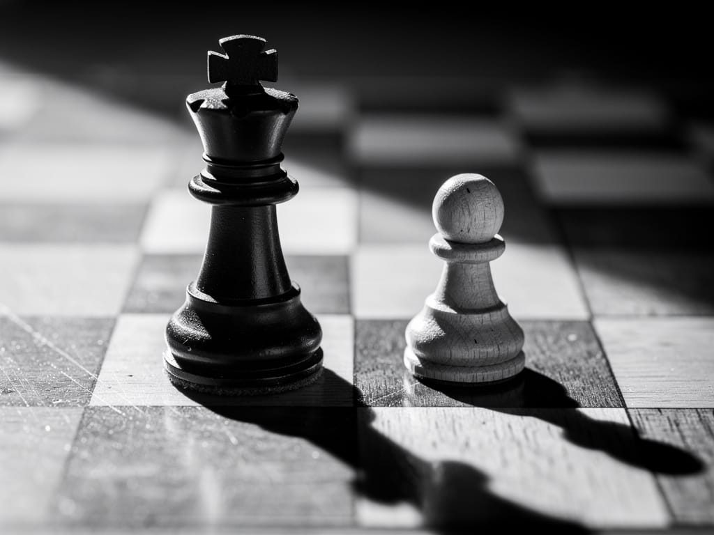 A king and a pawn chess piece on a chessboard in black and white