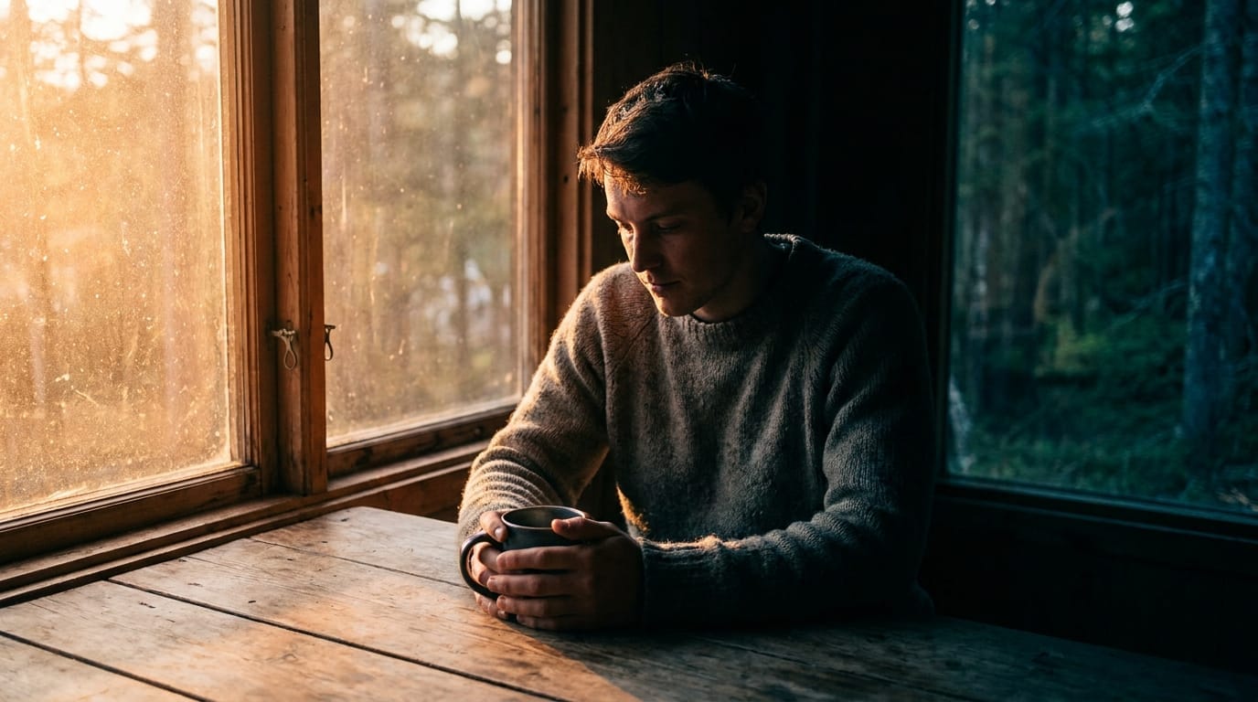 Person alone in minimalist cabin with coffee, no devices