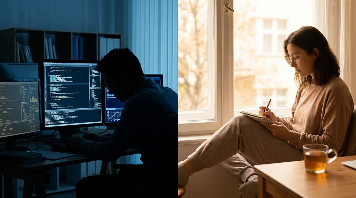 Split scene of digital overwhelm versus intentional focused work