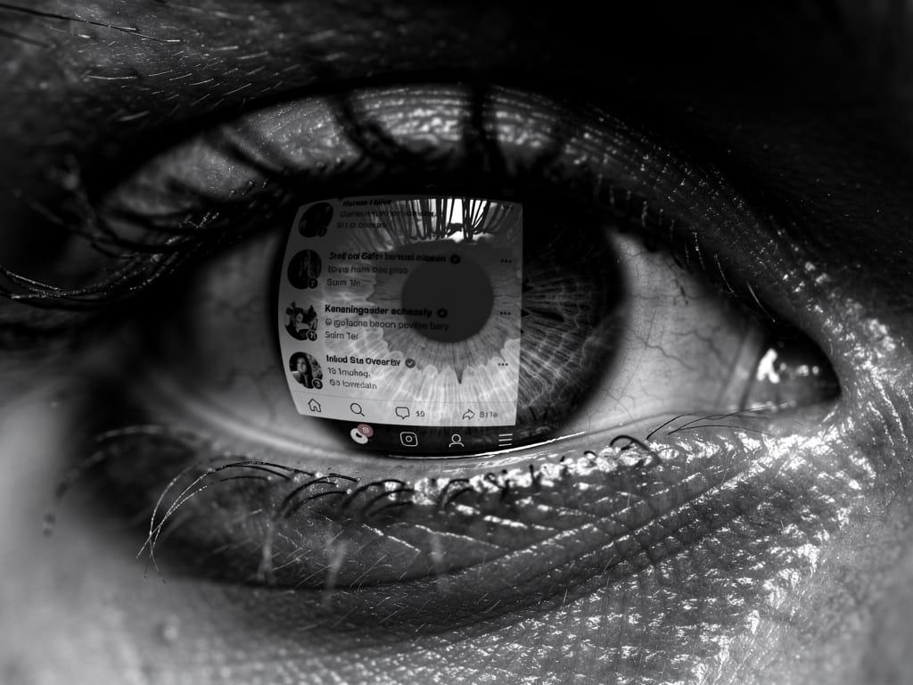 Close-up of an eye reflecting a social media feed on a phone