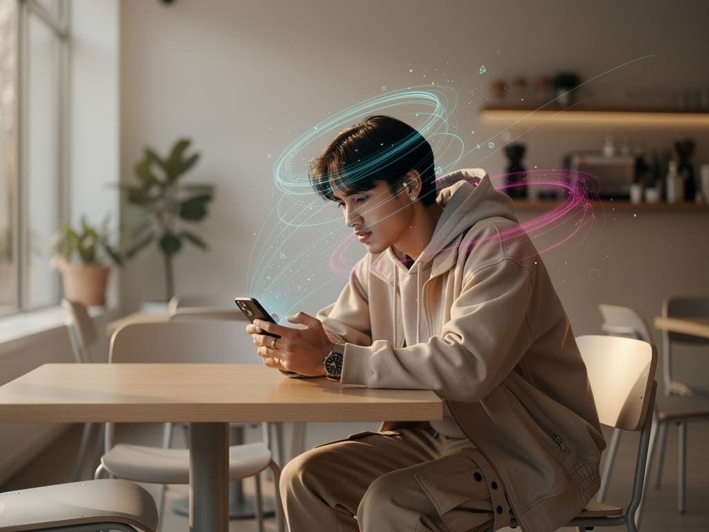 Person using a smartphone as abstract data streams flow from the device