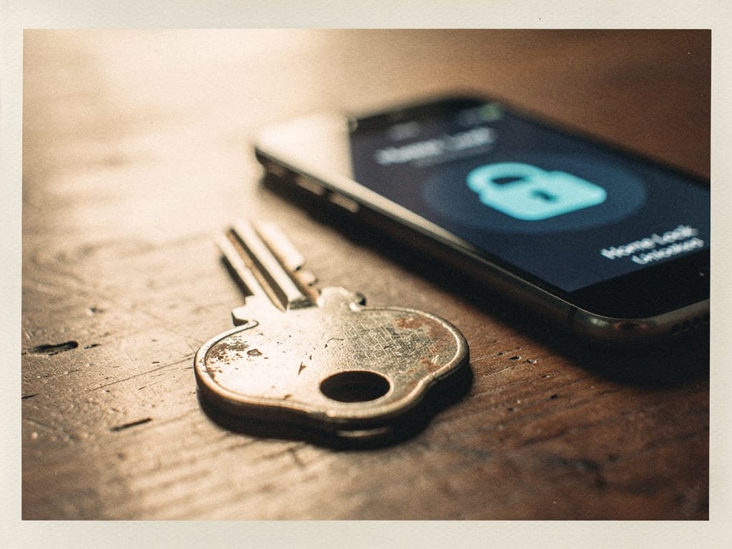 An old metal key next to a smartphone with a smart lock app