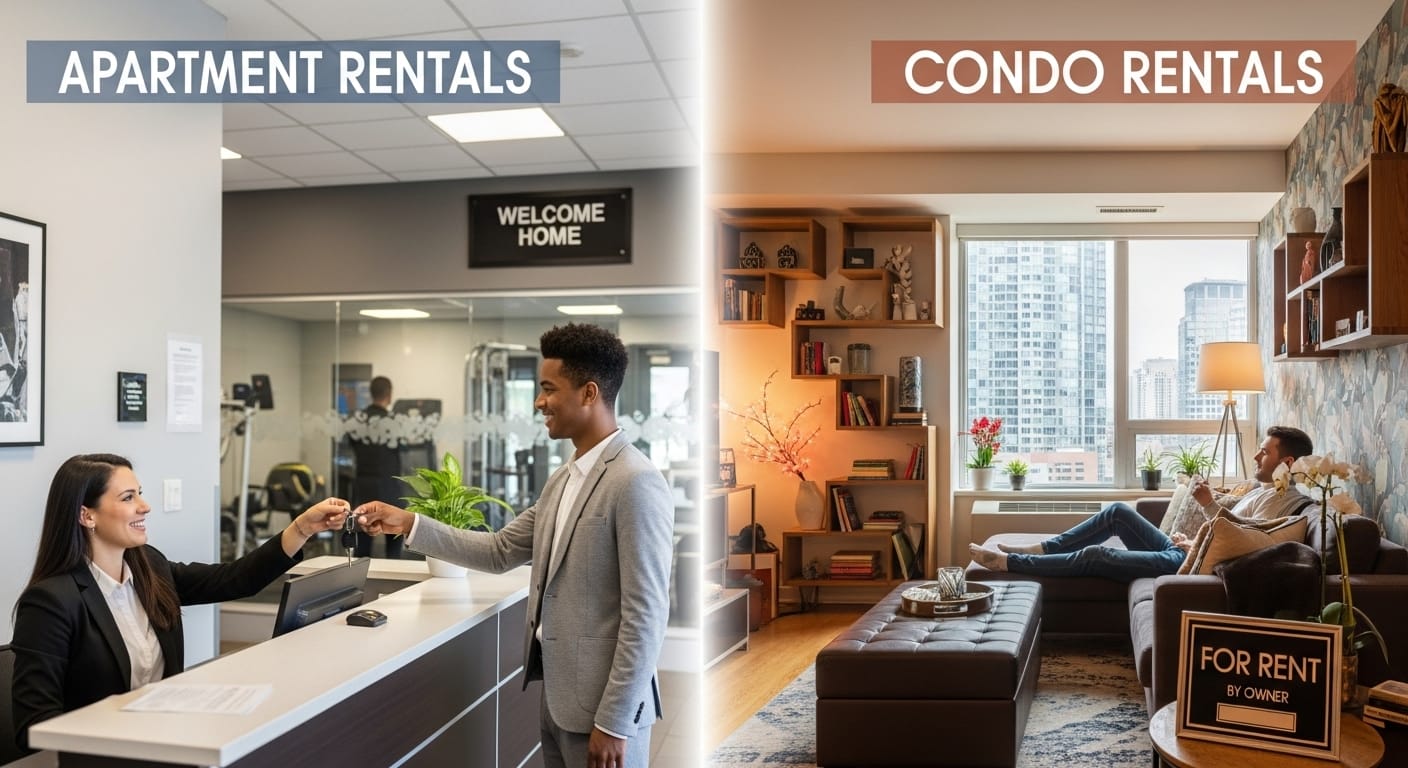 Boston rentals comparison: apartments with convenient amenities versus private, upscale condo living.