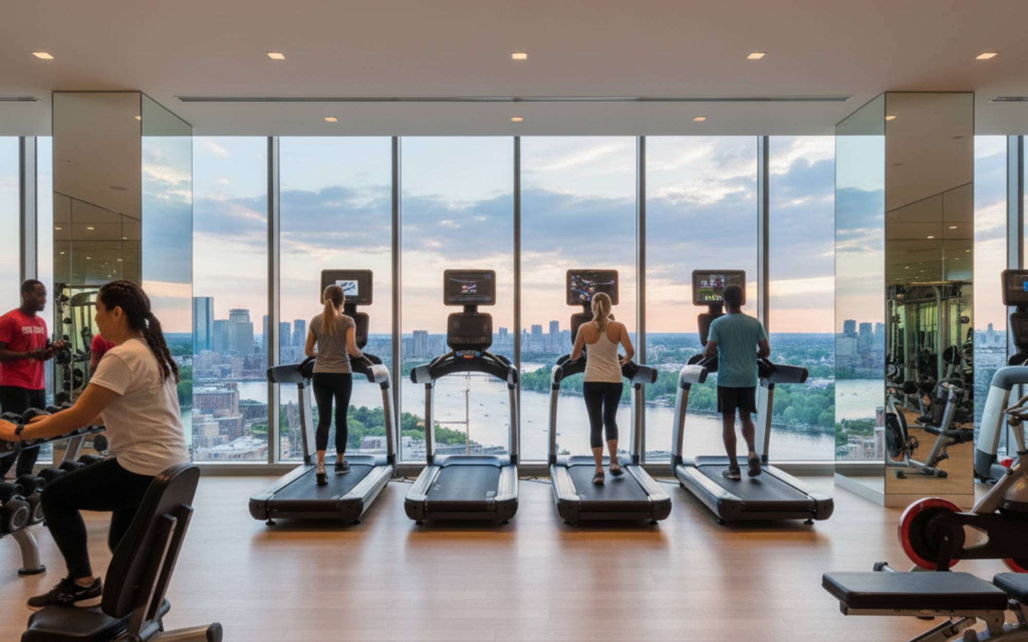Cambridge high-rise apartment for rent featuring private resident gym, rooftop terrace, co-working lounge, and secure package lockers. Popular with professionals seeking modern amenities, though extra fees may apply.