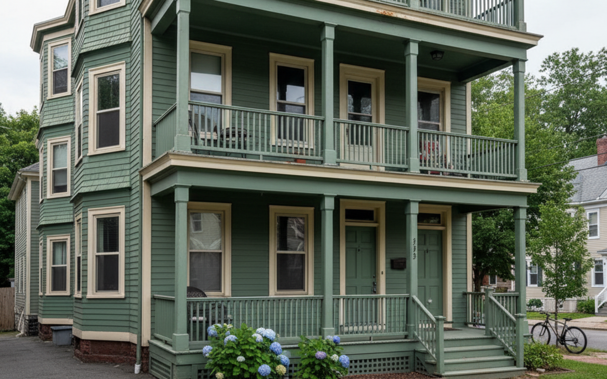 Cambridge triple-decker apartment for rent in a historic three-family home built in the early 1900s, featuring wood framing, bay windows, and a classic front porch—an iconic rental option in New England.