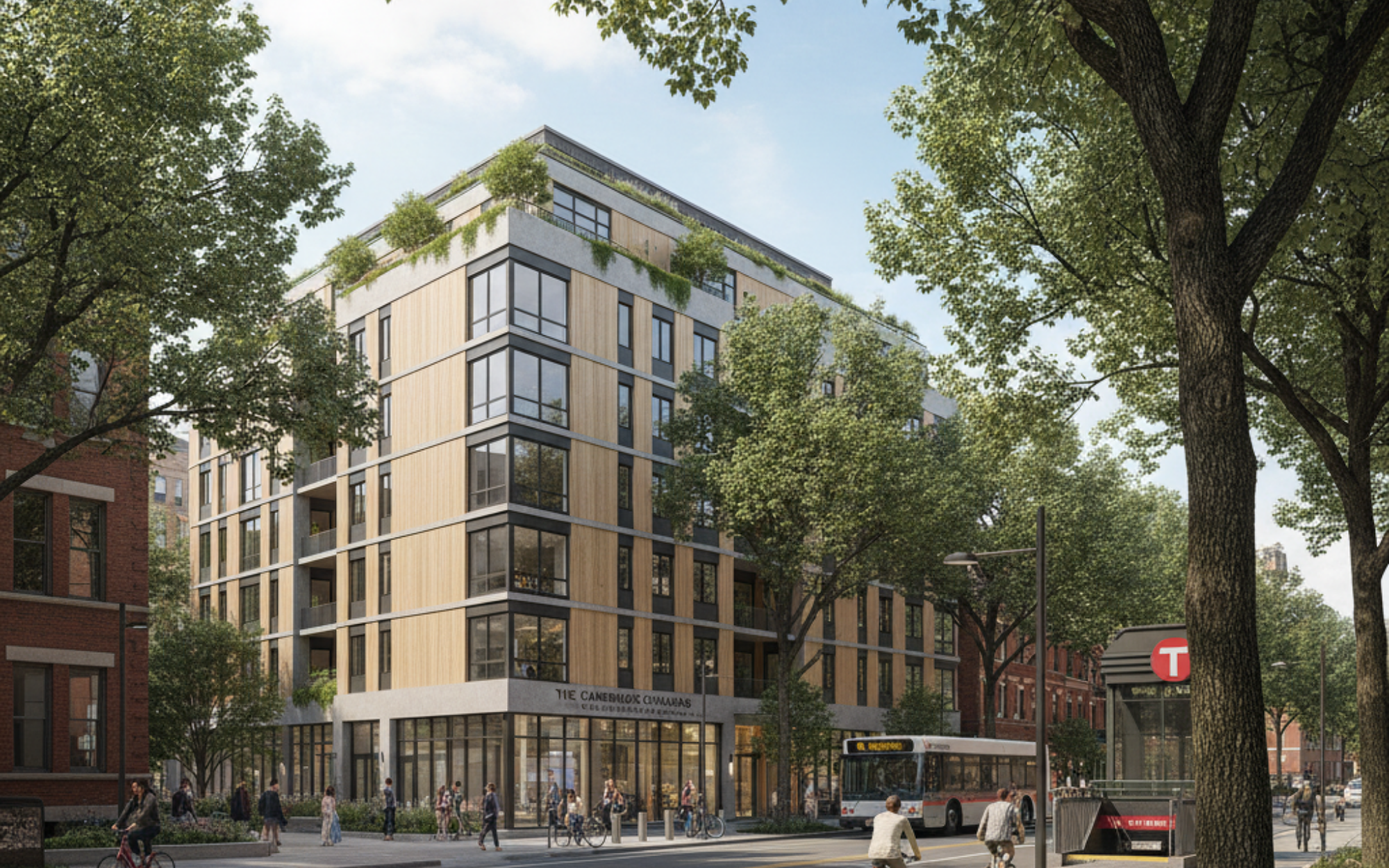 Cambridge eco-housing blends transit access, green space, and climate resilience—supporting low-carbon living with bike lanes, tree canopy, and flood-ready design.