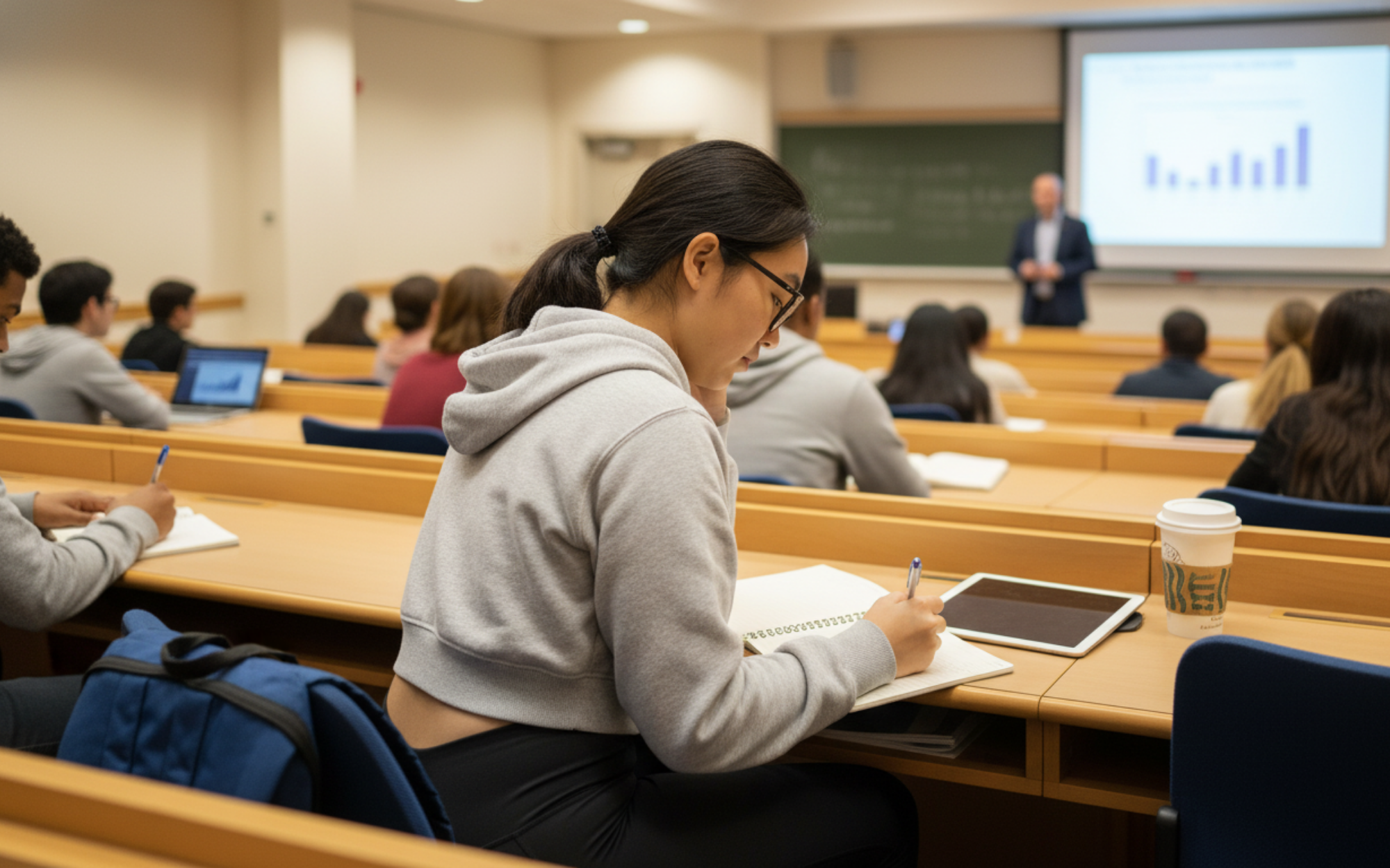 Harvard student in class thinking about off-campus housing options in Harvard Square, Allston-Brighton, and Somerville.
