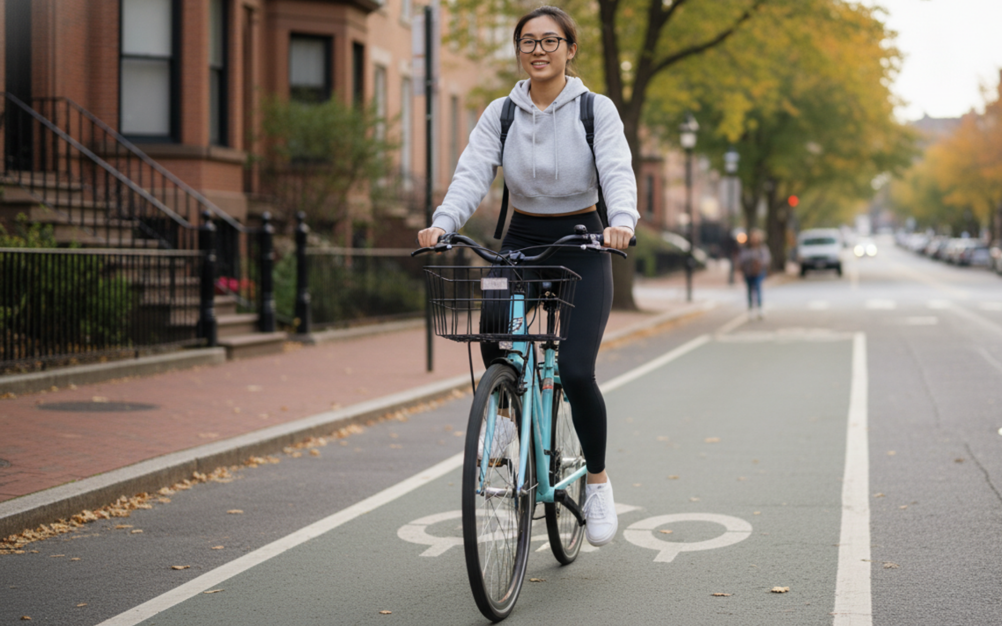 Harvard student riding a bike in a Cambridge bike lane, showing popular transportation options like biking, MBTA, and Harvard Shuttles.