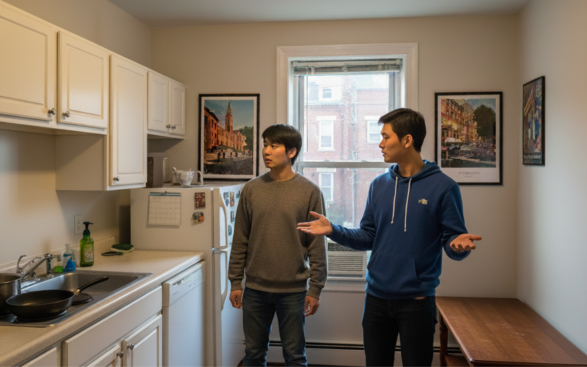 College student being shown an apartment by a peer in Boston, highlighting off-campus housing, sublets, homestays, and Harvard housing options for international students.