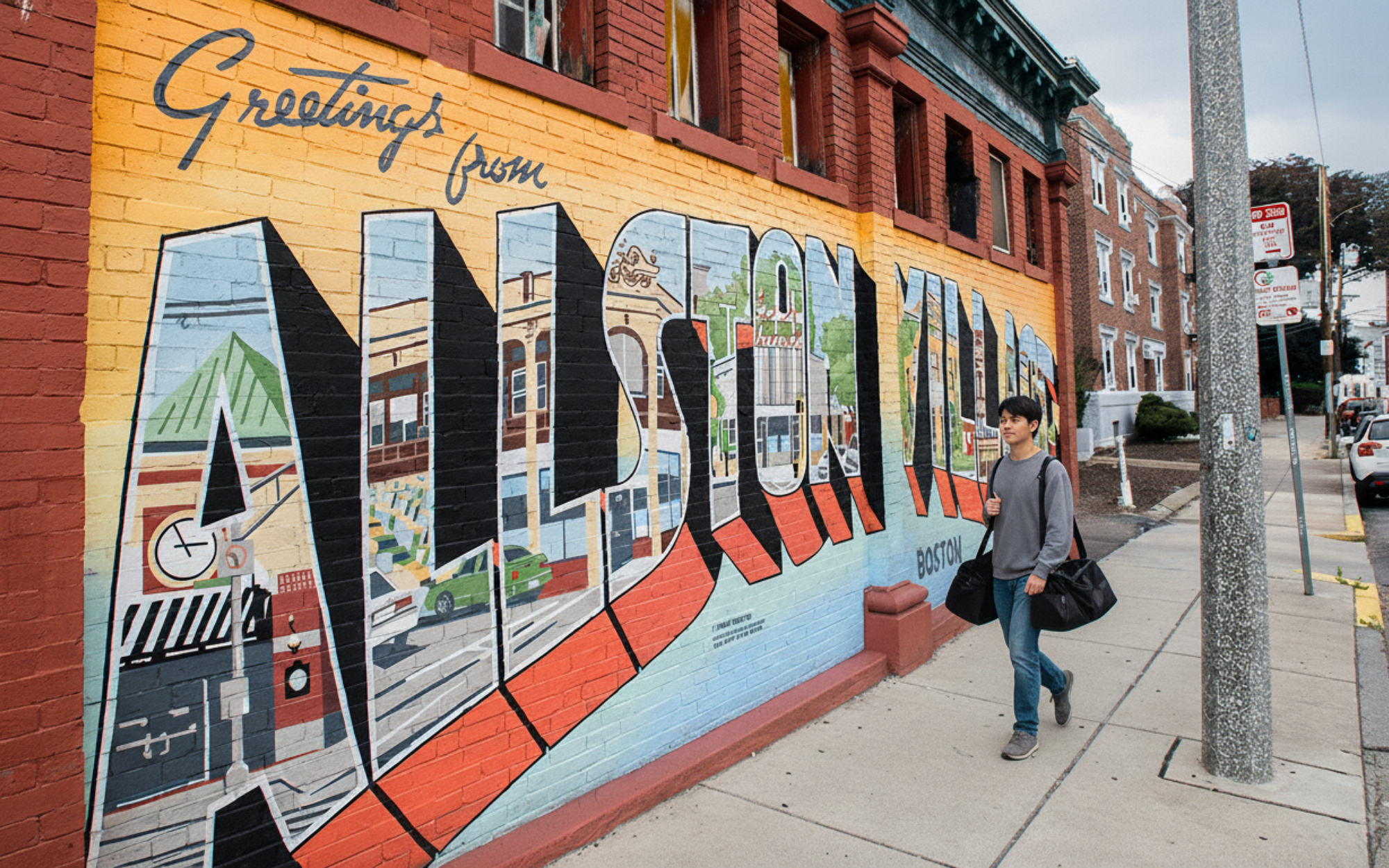 College student walking in Allston, MA, near Harvard, highlighting popular neighborhoods for international students including Allston, Brighton, Cambridge, Brookline, and Fenway.