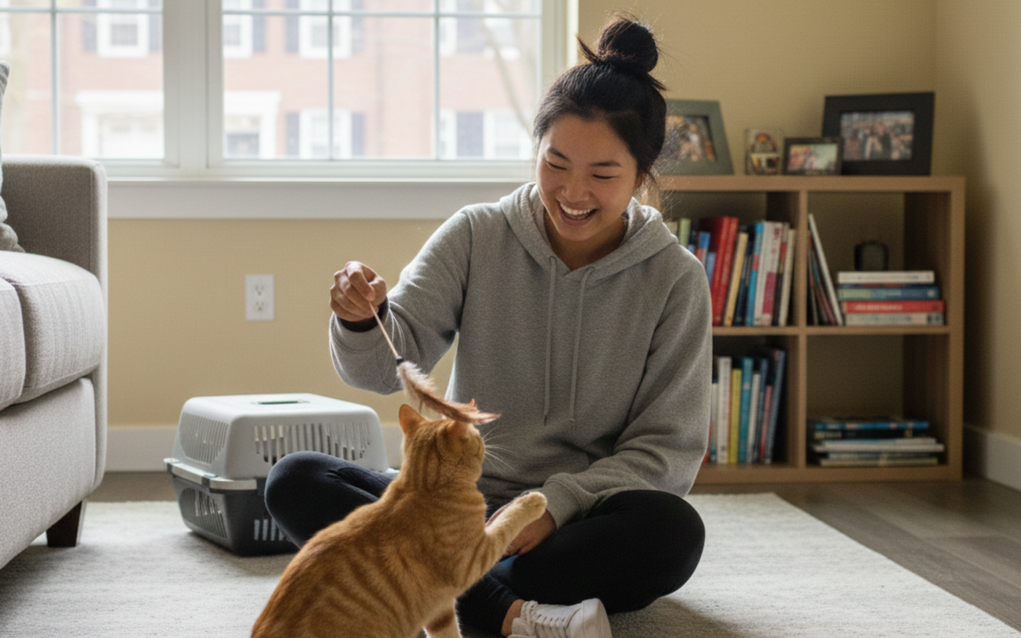 MIT student in off-campus apartment near MIT with her new cat after securing pet-friendly housing.