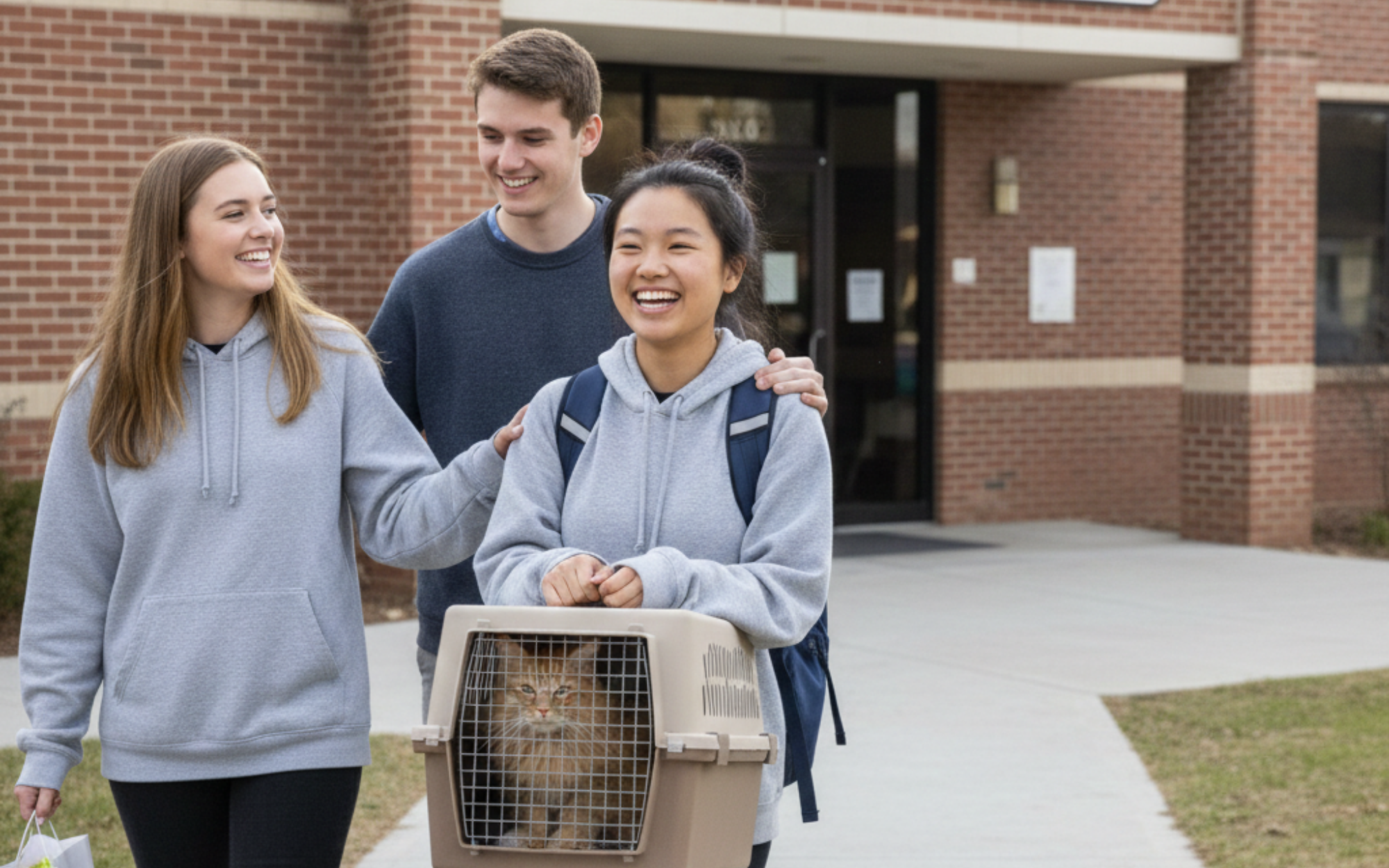 MIT student leaving an adoption center with a new cat while searching for pet-friendly apartments near MIT.