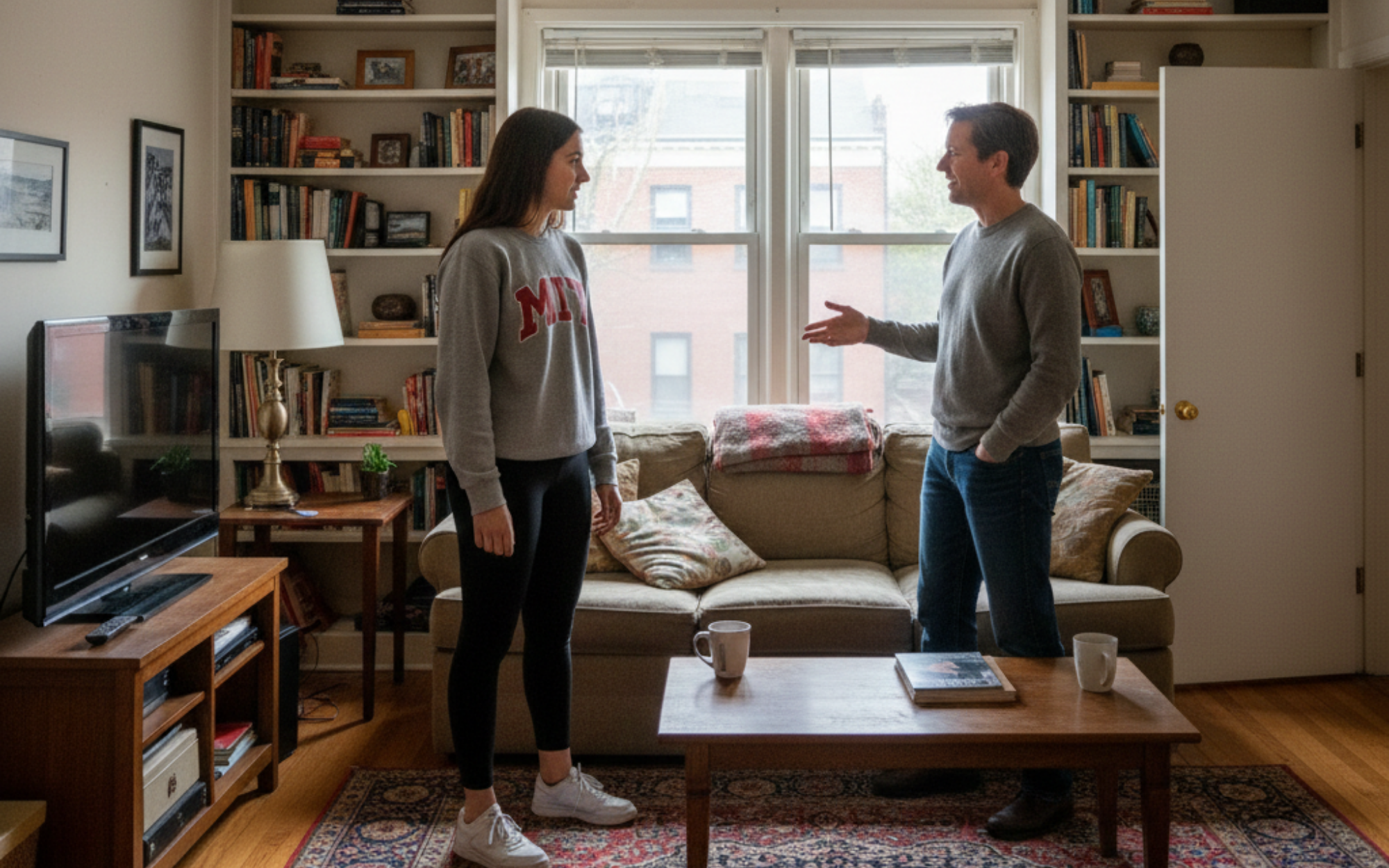 MIT student speaking with a current tenant to evaluate landlord reliability and maintenance before signing a lease near MIT.