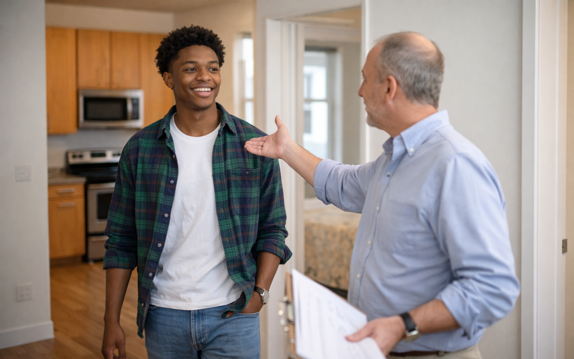 MIT student discussing early move-in options with a landlord during an off-campus apartment tour in Cambridge.