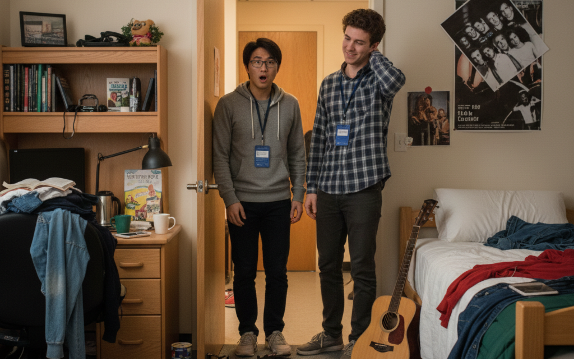MIT student looking at messy dorm room while evaluating roommate red flags.