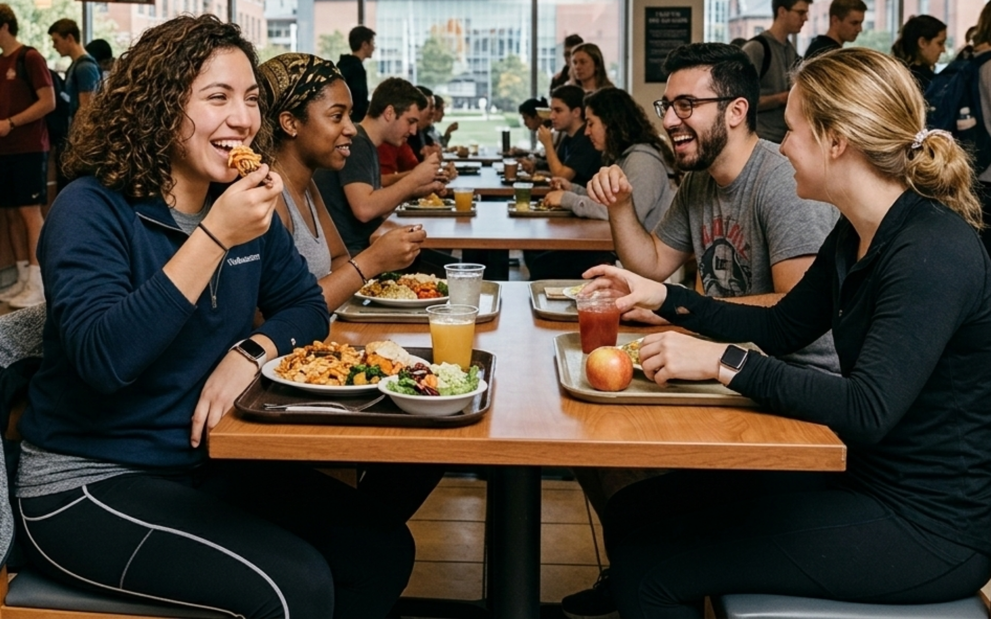 College student eating in dorm dining hall highlighting meal plan costs often overlooked when comparing off-campus housing expenses
