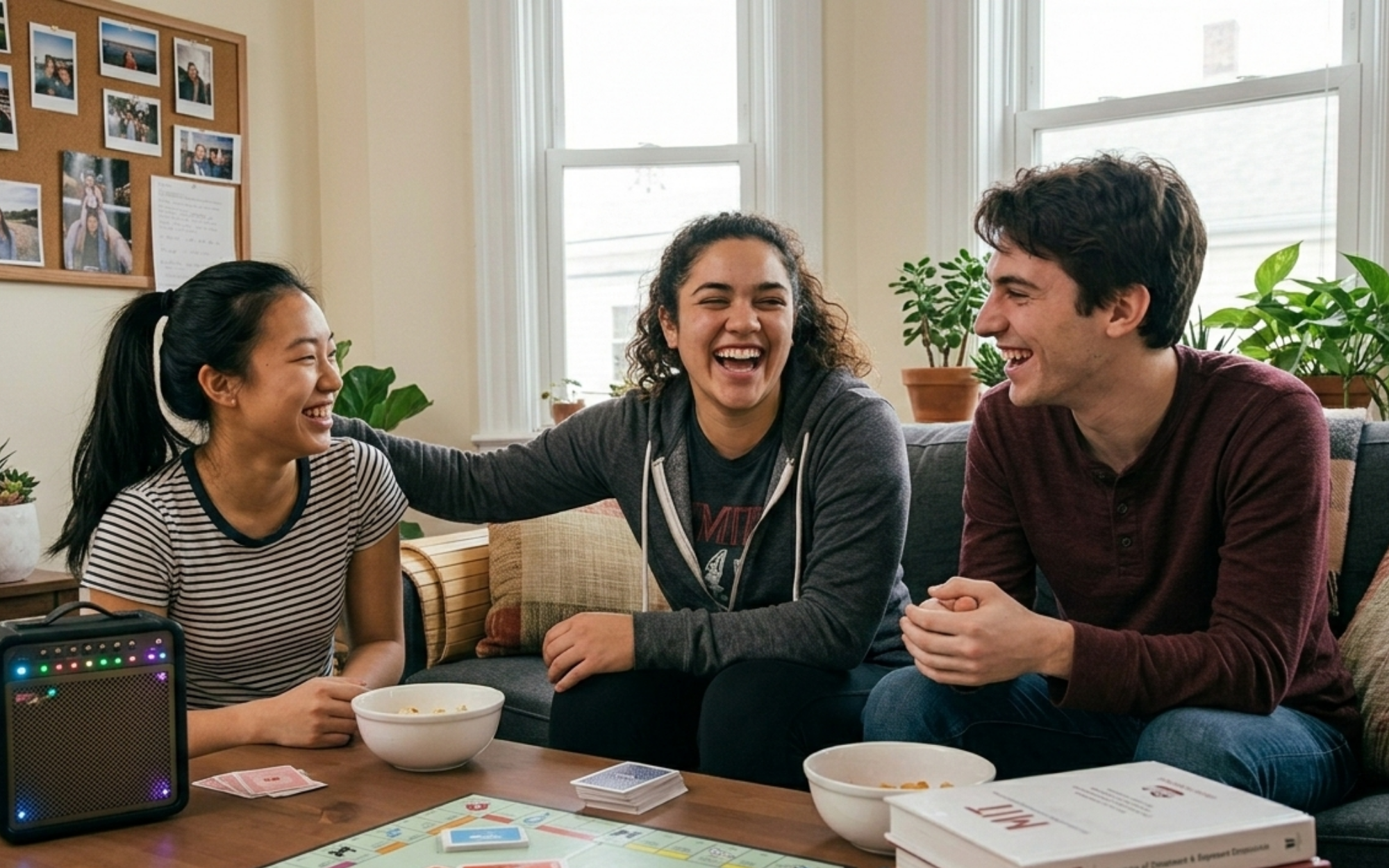 MIT grad student hanging out with roommates in a co-living space near campus