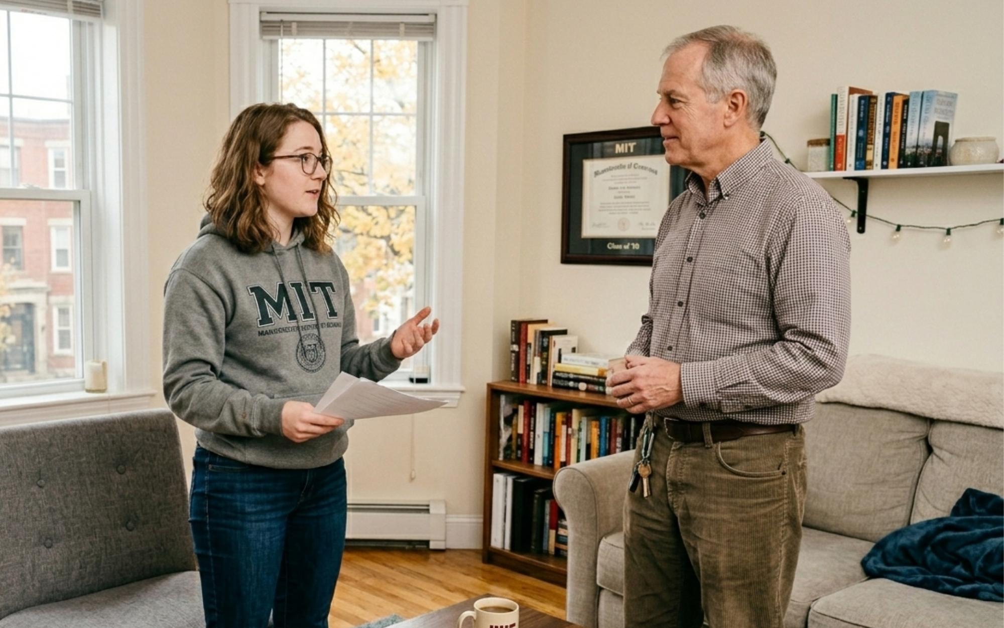 MIT student meeting landlord to discuss lease renewal and housing costs in Cambridge apartment