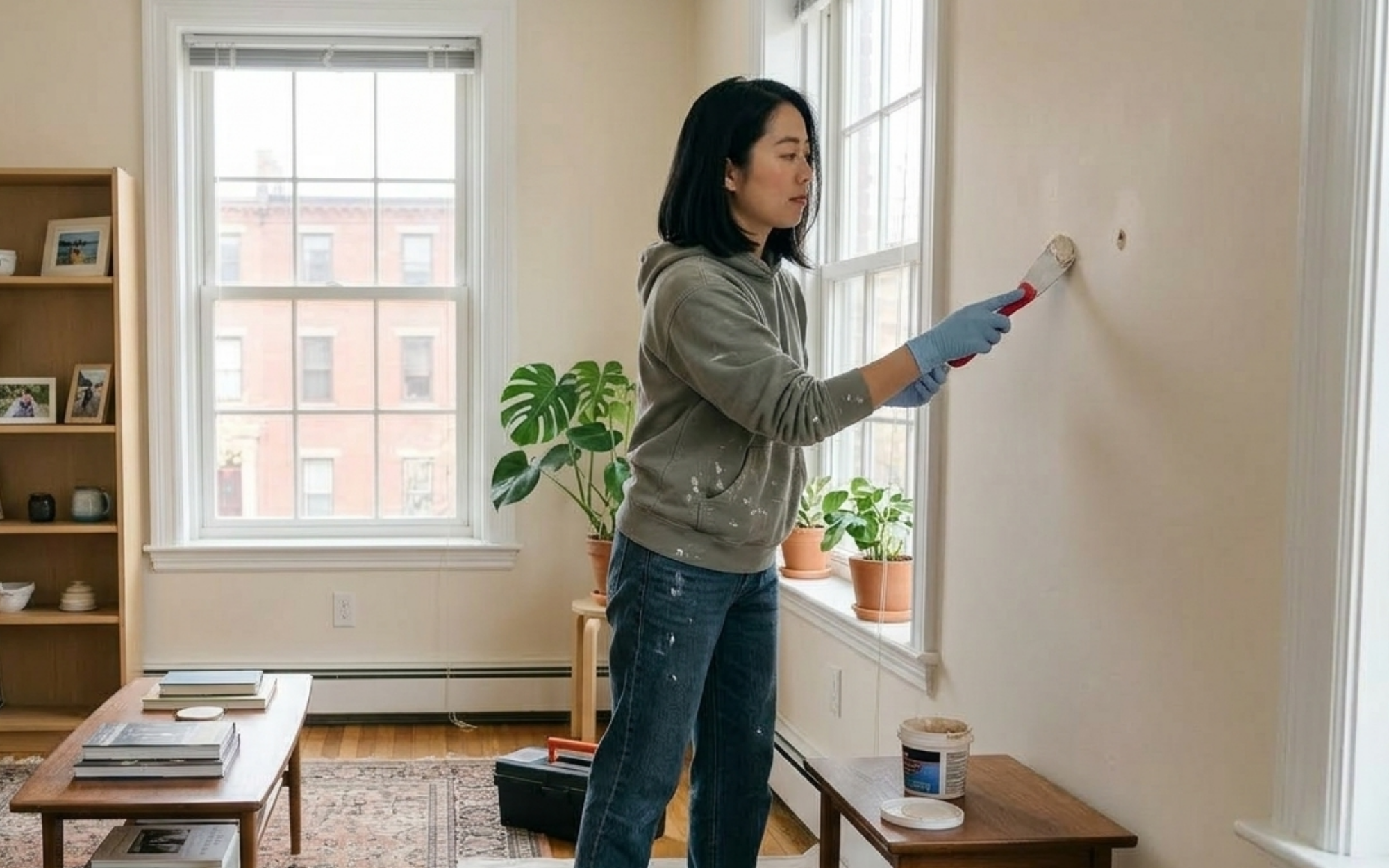 MIT student fixing a small wall hole and reporting apartment maintenance issues to keep her Cambridge rental in good condition.