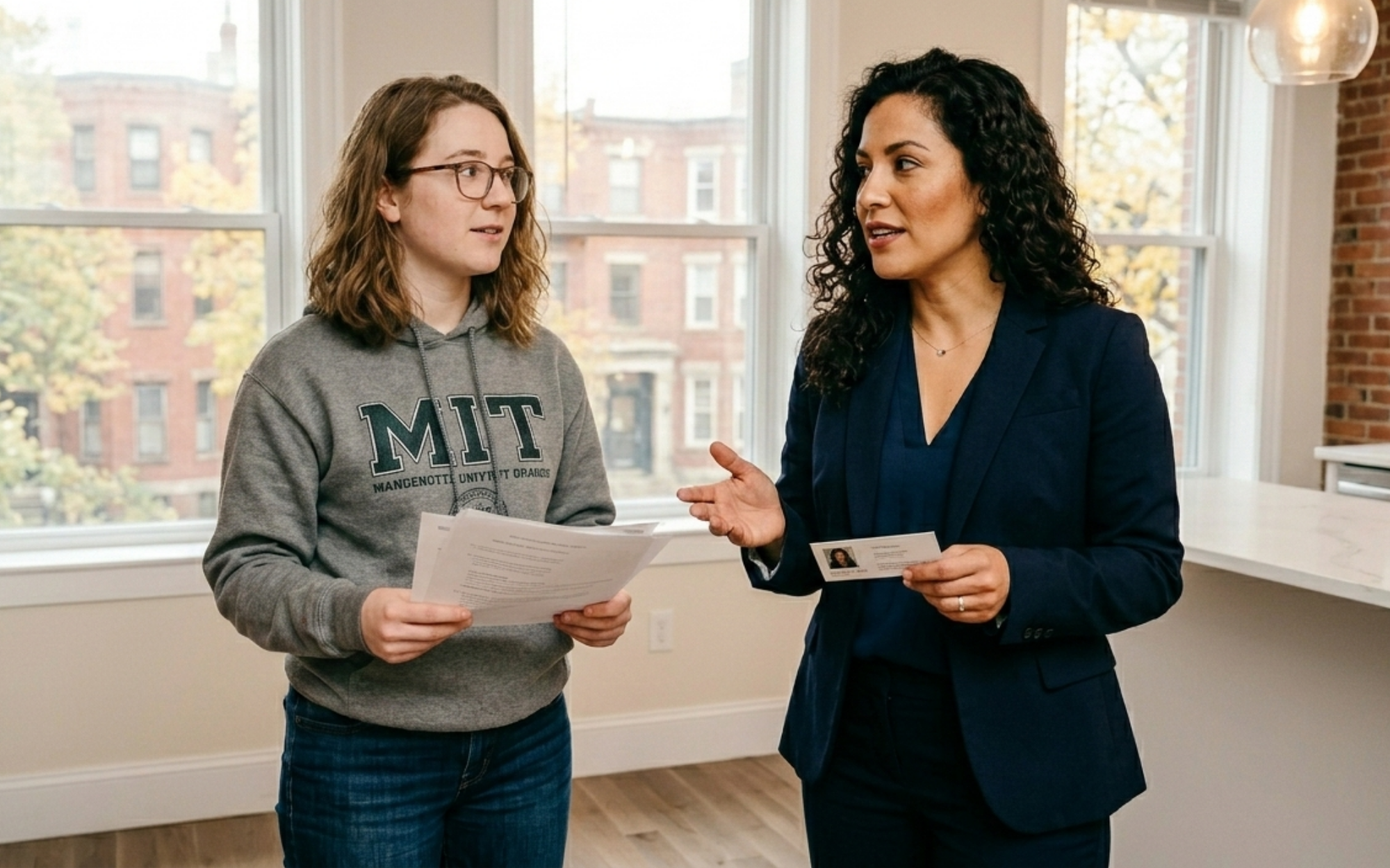 MIT student viewing new apartment in Cambridge while planning budget and move off campus