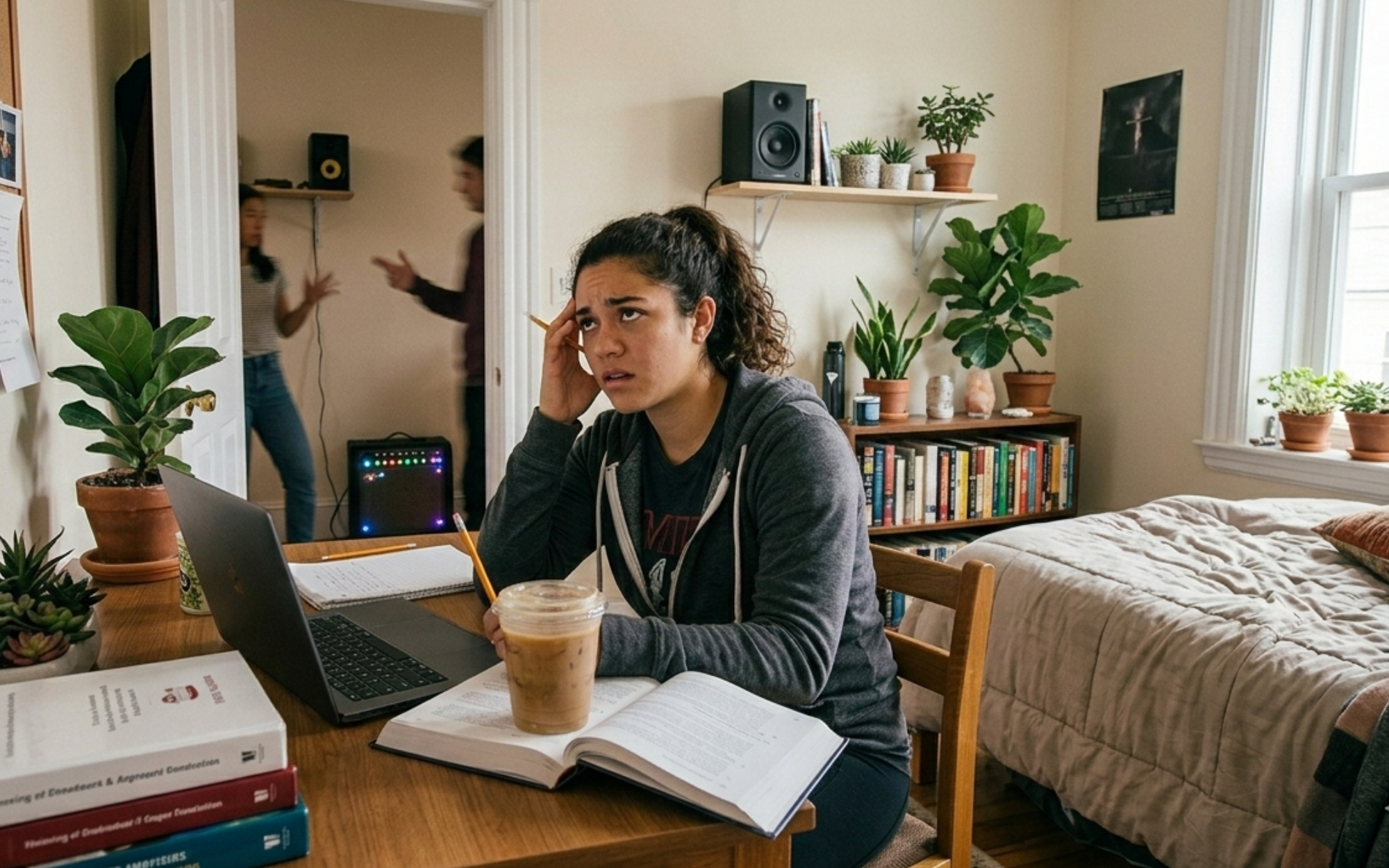 MIT student studying in shared co-living apartment near campus, distracted by lack of privacy and noise