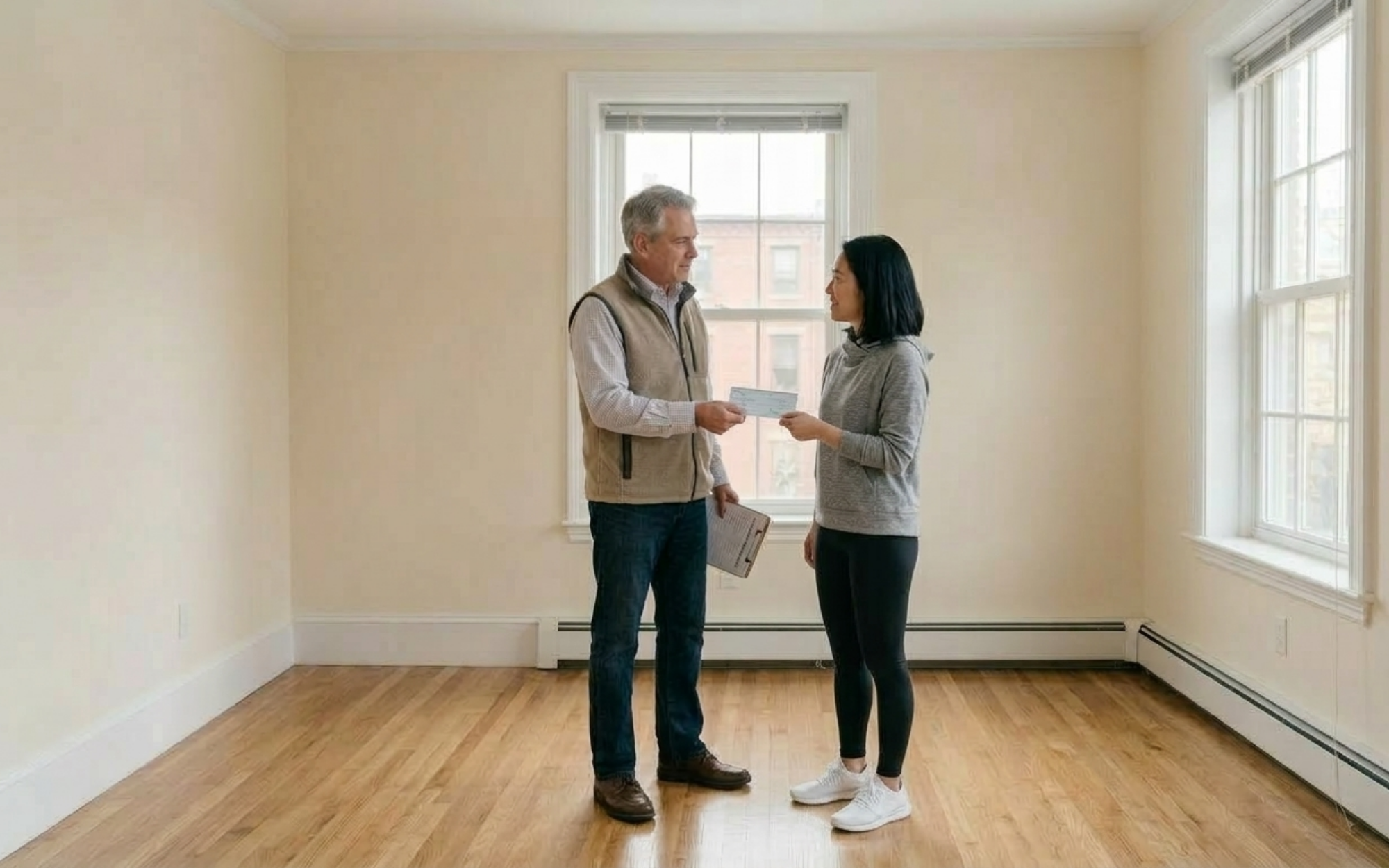 MIT student receiving her security deposit back from a landlord after moving out of a Cambridge off-campus apartment.