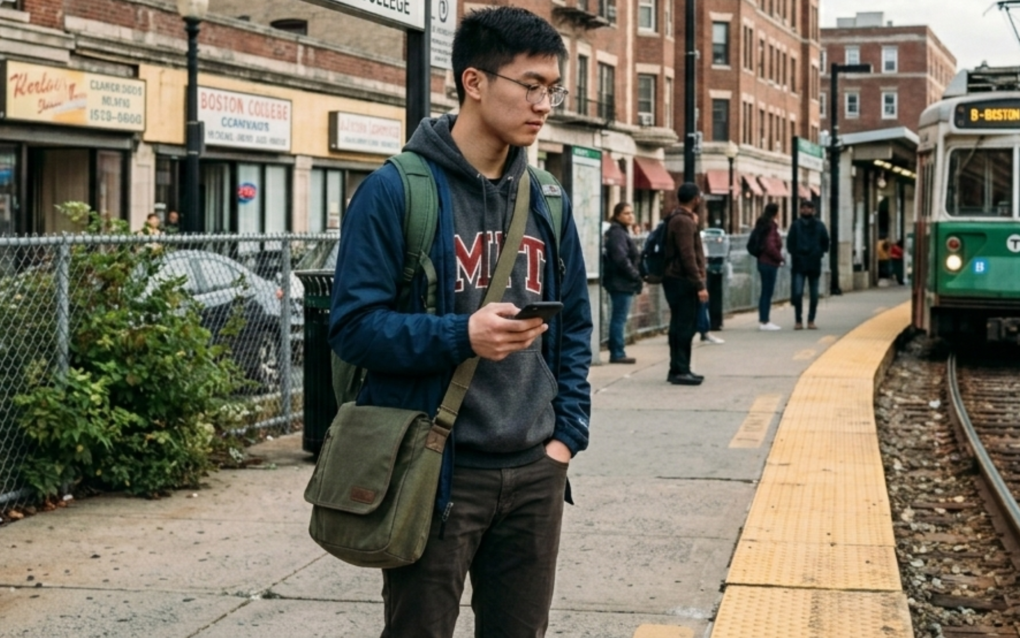 MIT student waiting at Green Line station in Allston for budget-friendly off-campus housing.