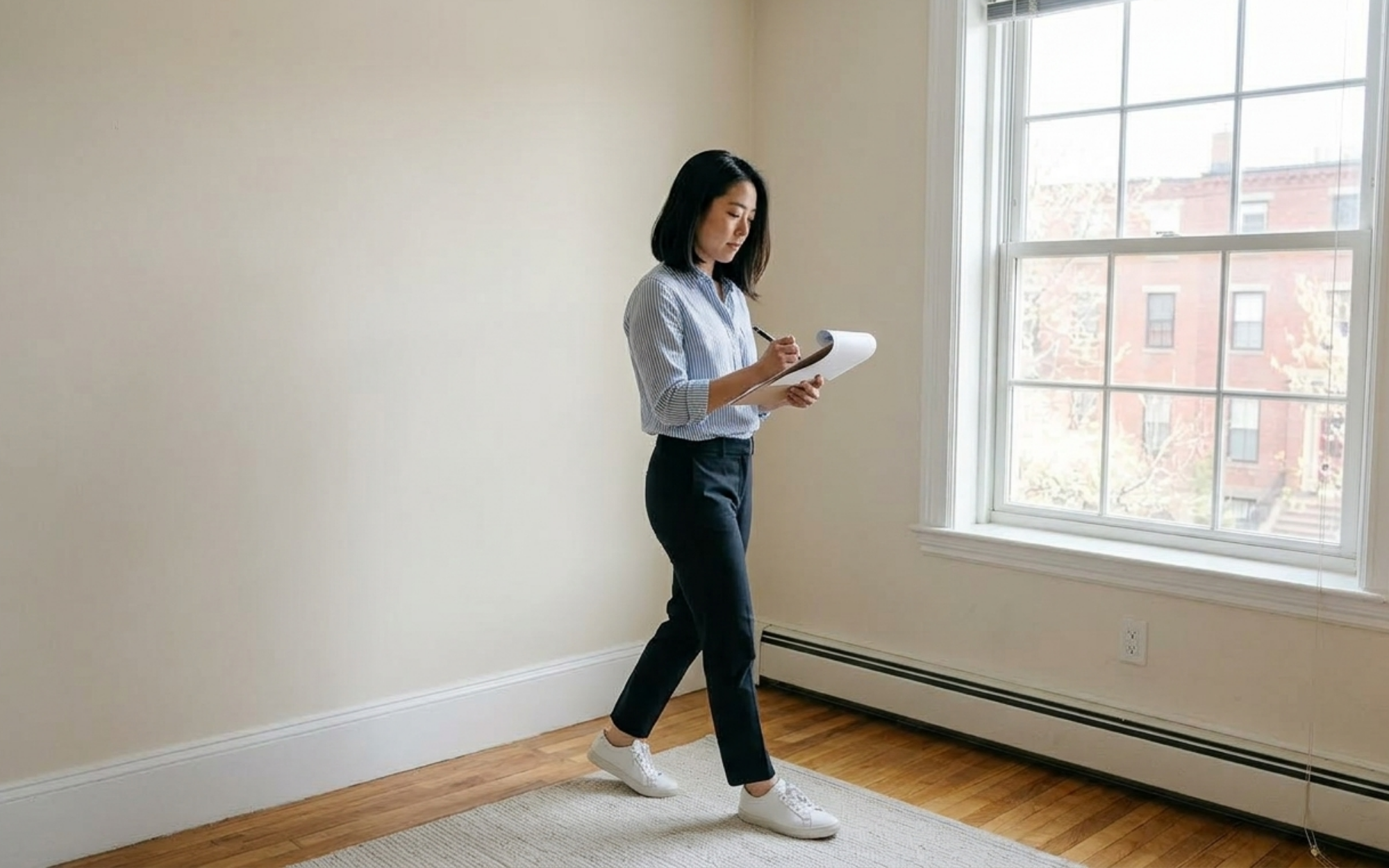 MIT student inspecting a Cambridge apartment during move-in, documenting walls, floors, and appliances to protect her security deposit.