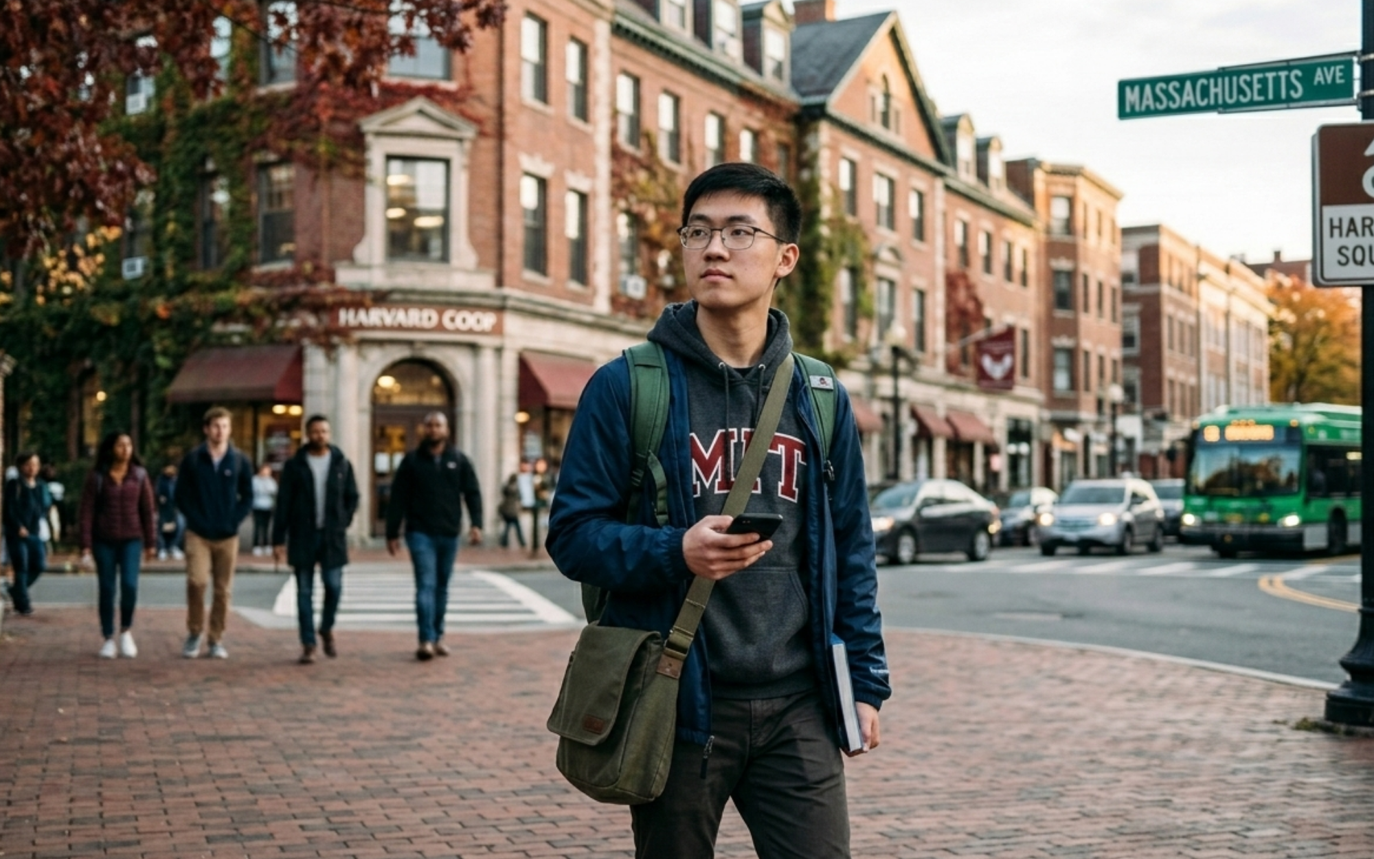 MIT student walking in Cambridge neighborhoods near Red Line stations for off-campus housing.