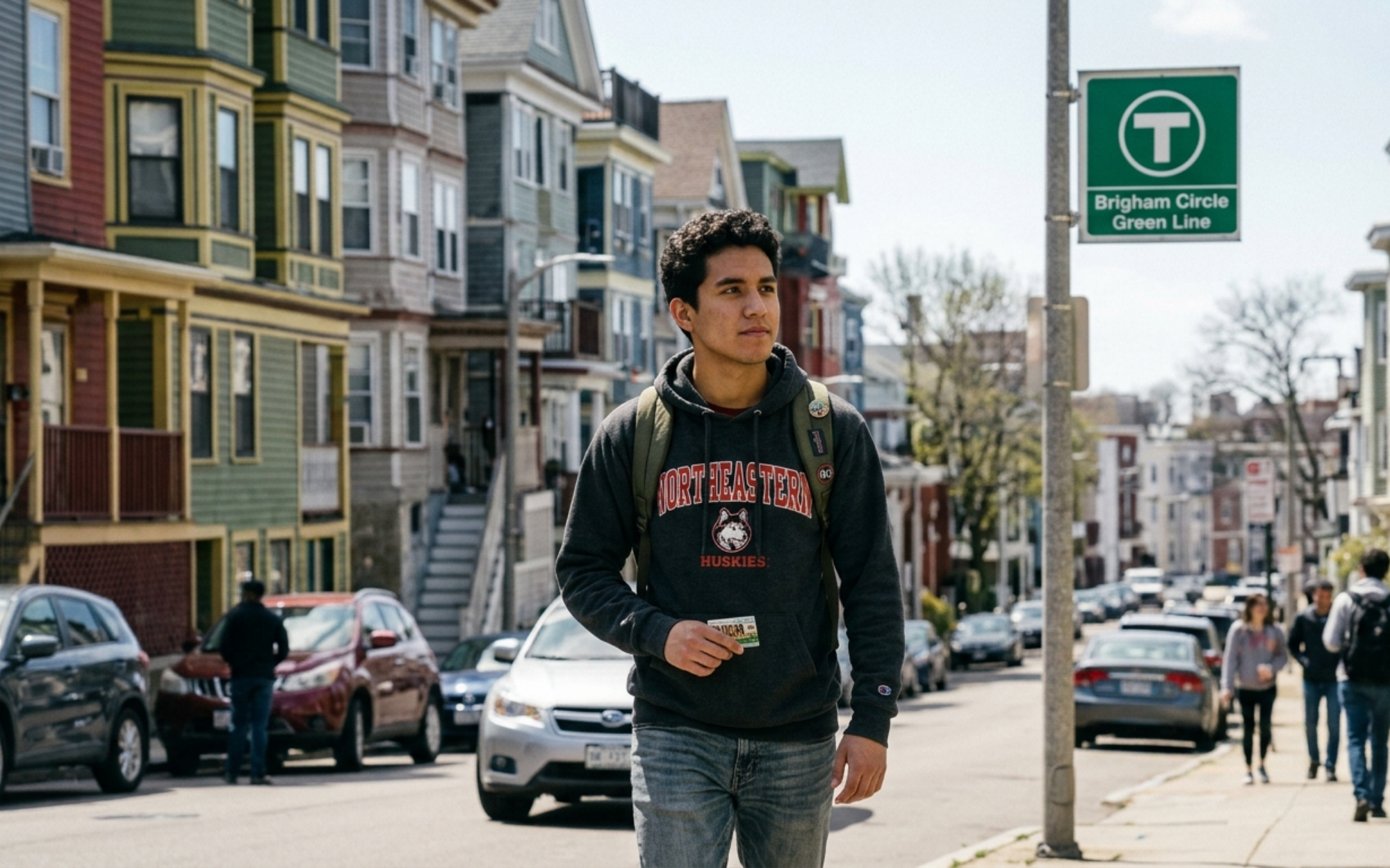 Northeastern student walking from Mission Hill apartment to MBTA stop for campus commute