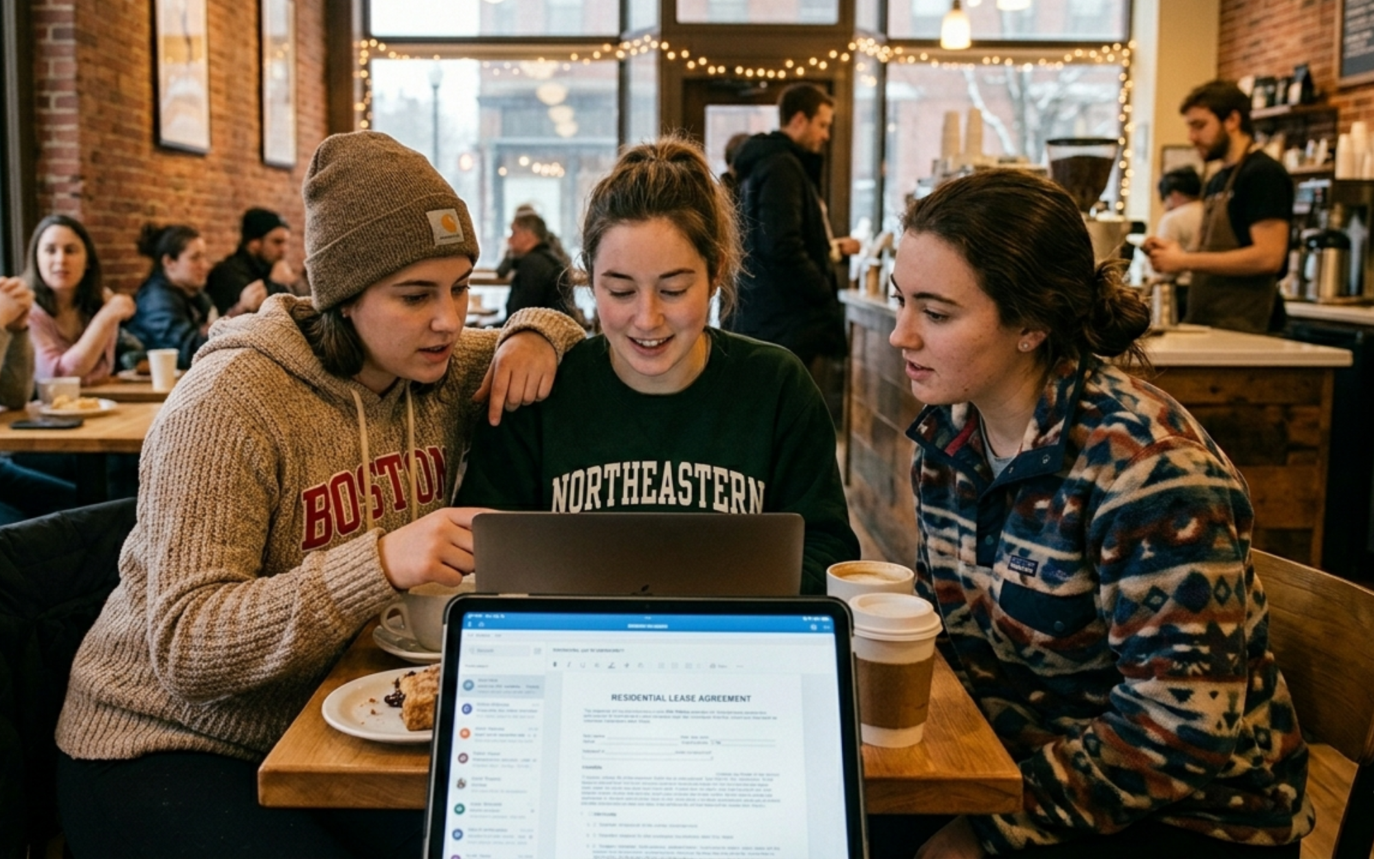 Northeastern student reviewing apartment lease on laptop at coffee shop with potential roommates