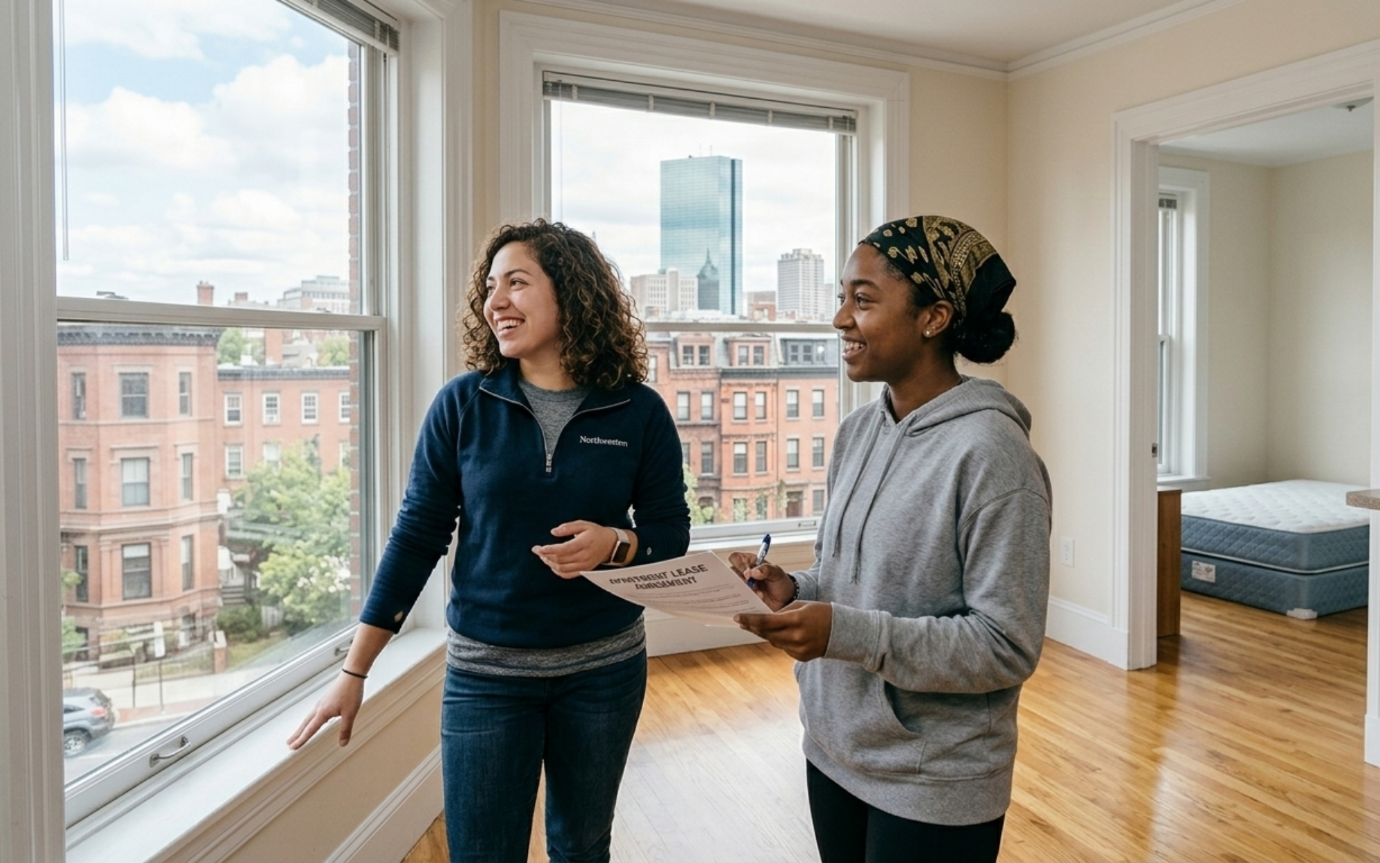 Northeastern students apartment hunting together to split rent and make off-campus housing cheaper than dorm living in Boston