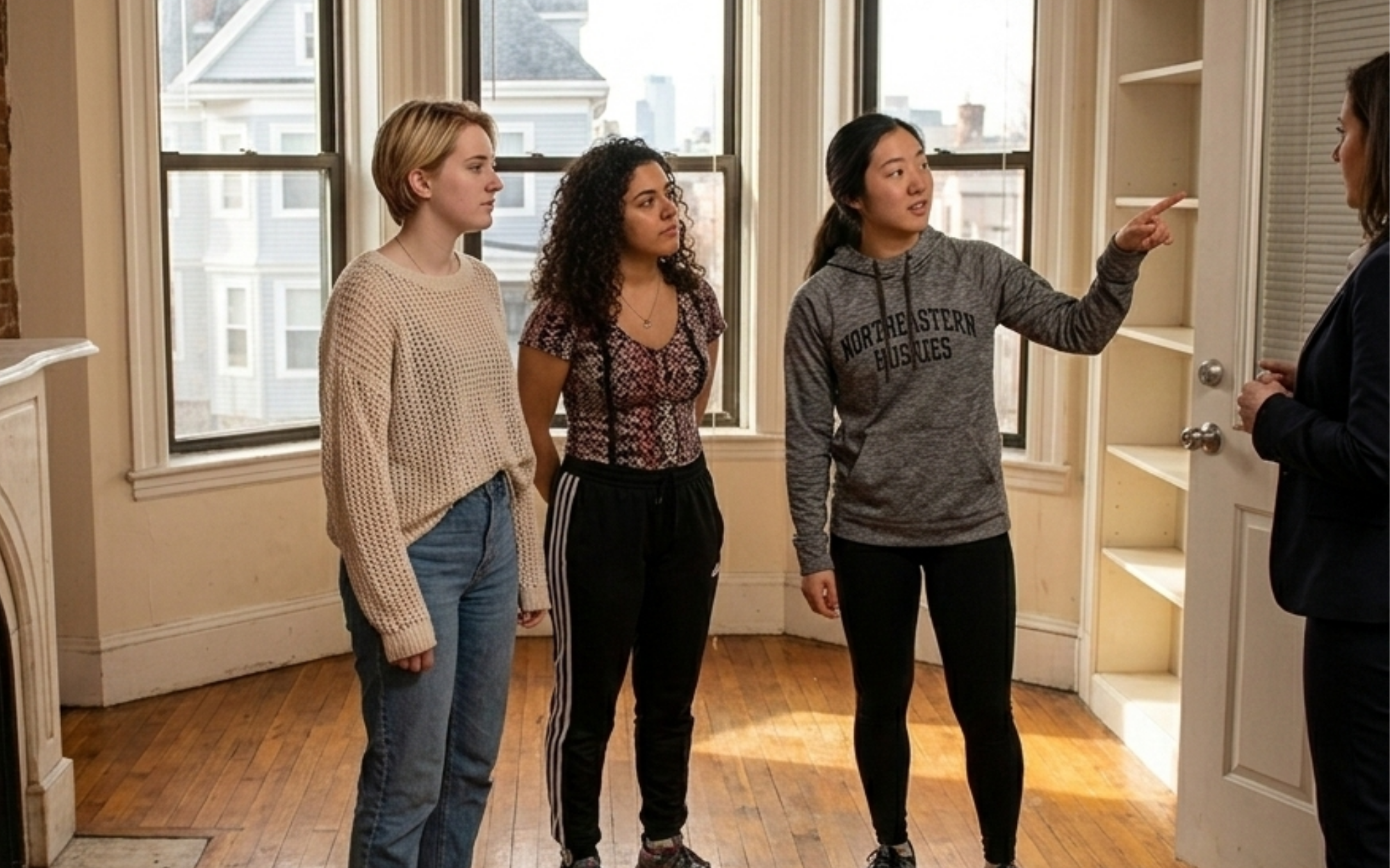 Northeastern students touring Mission Hill apartment together to save money with roommates in off-campus housing Boston