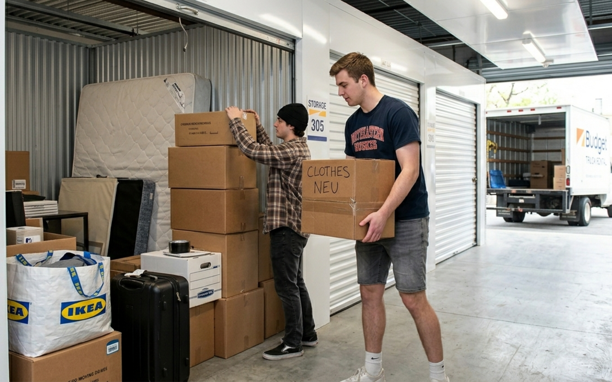 Northeastern students packing boxes into storage unit during Boston lease gap between apartments