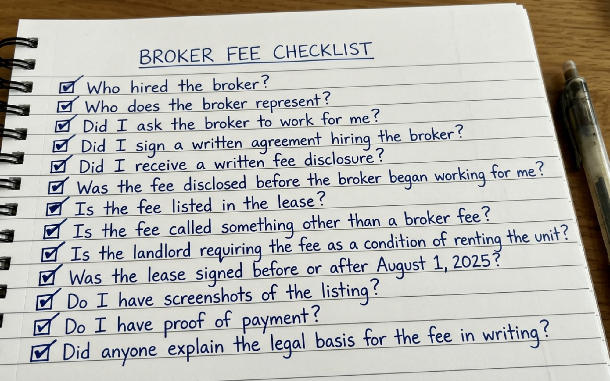 Checklist of questions Boston renters should ask before paying a broker fee under the 2025 Massachusetts law.