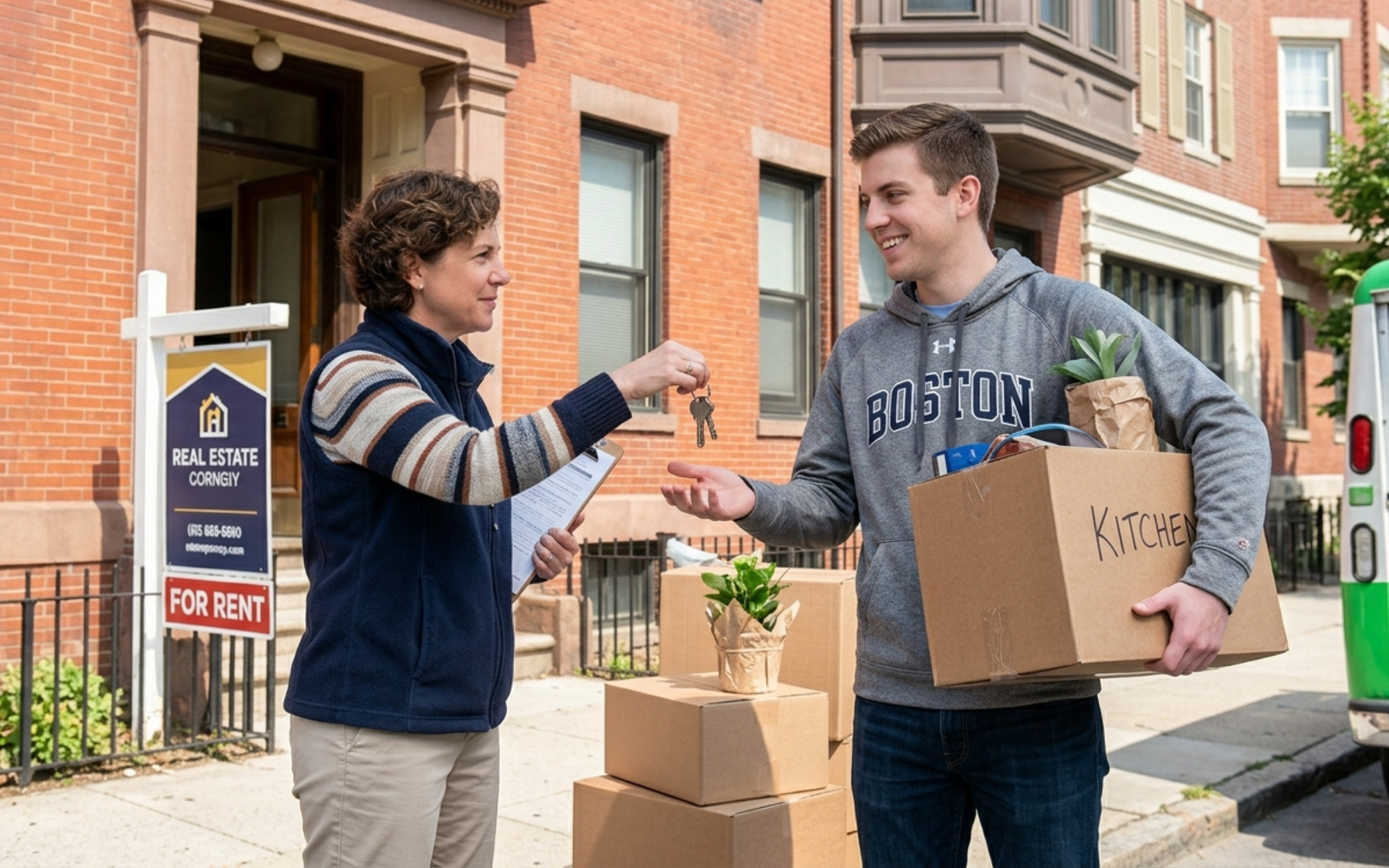 Boston renter meeting their landlord on move-in day after confirming the broker fee followed Massachusetts law.